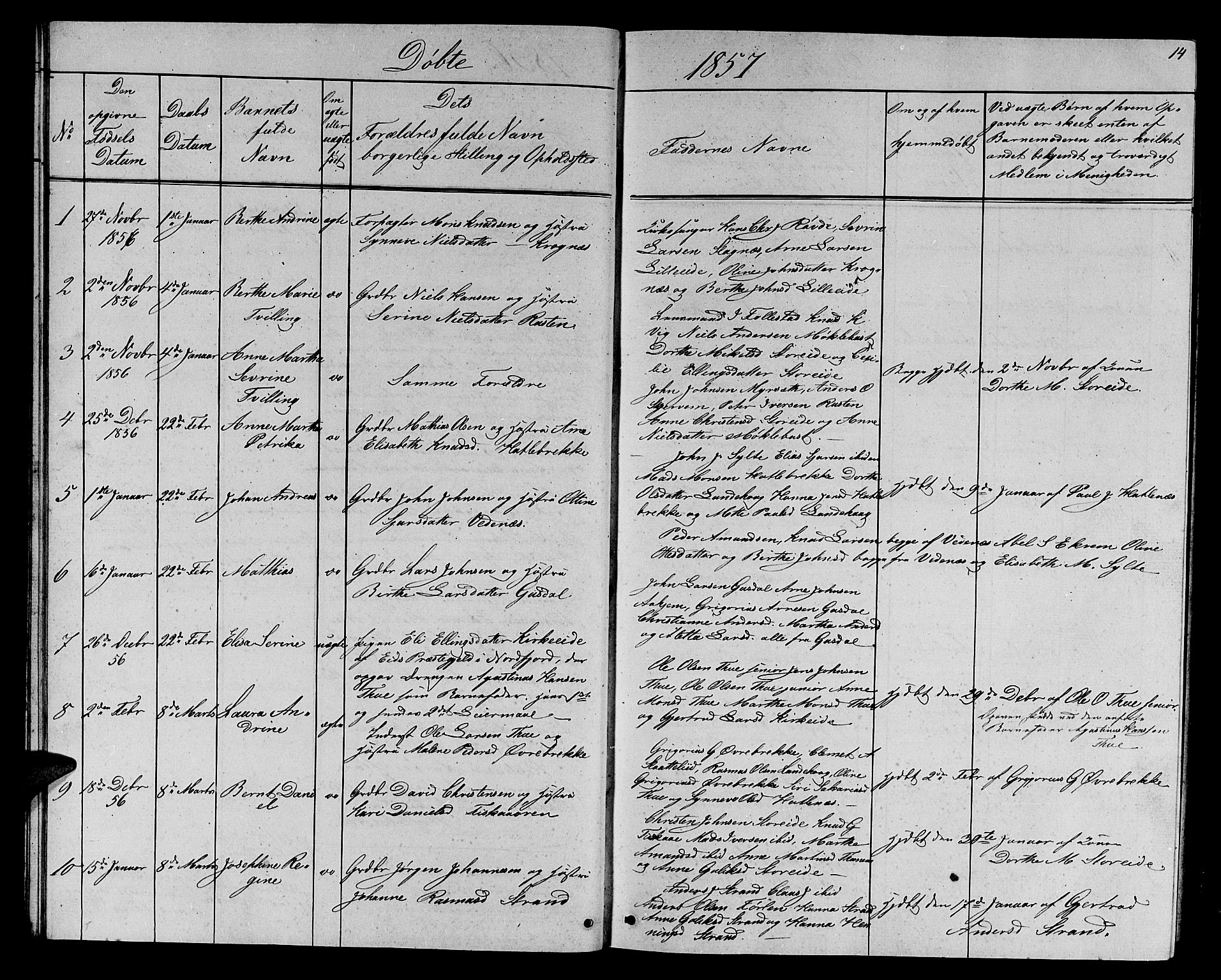 Ministerialprotokoller, klokkerbøker og fødselsregistre - Møre og Romsdal, AV/SAT-A-1454/501/L0015: Parish register (copy) no. 501C01, 1854-1867, p. 14