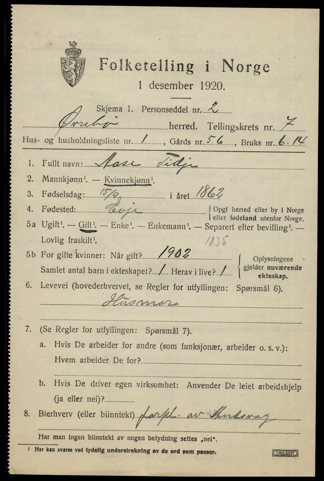 SAK, 1920 census for Øvrebø, 1920, p. 1460