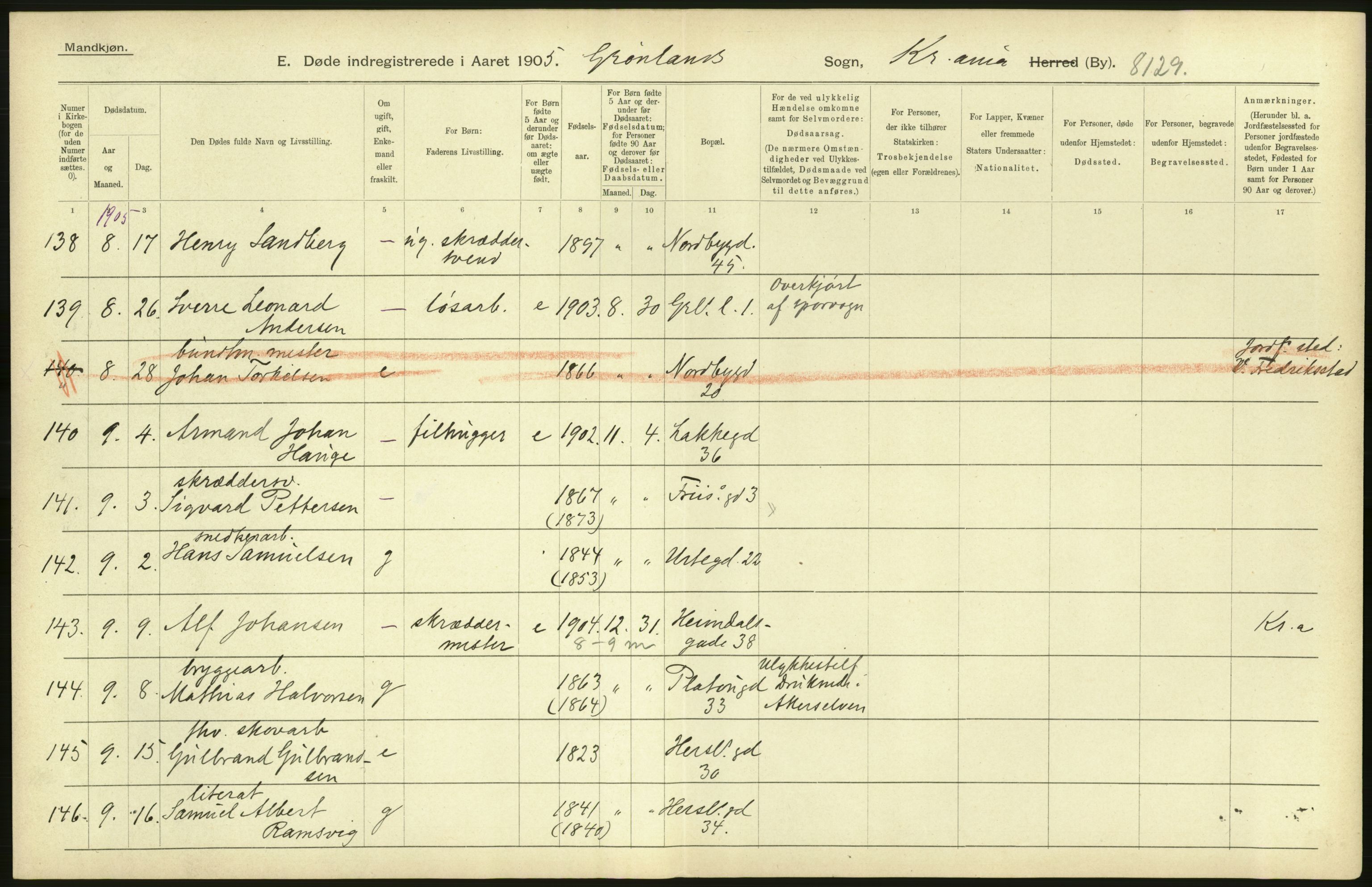 Statistisk sentralbyrå, Sosiodemografiske emner, Befolkning, AV/RA-S-2228/D/Df/Dfa/Dfac/L0007a: Kristiania: Døde, dødfødte., 1905, p. 786