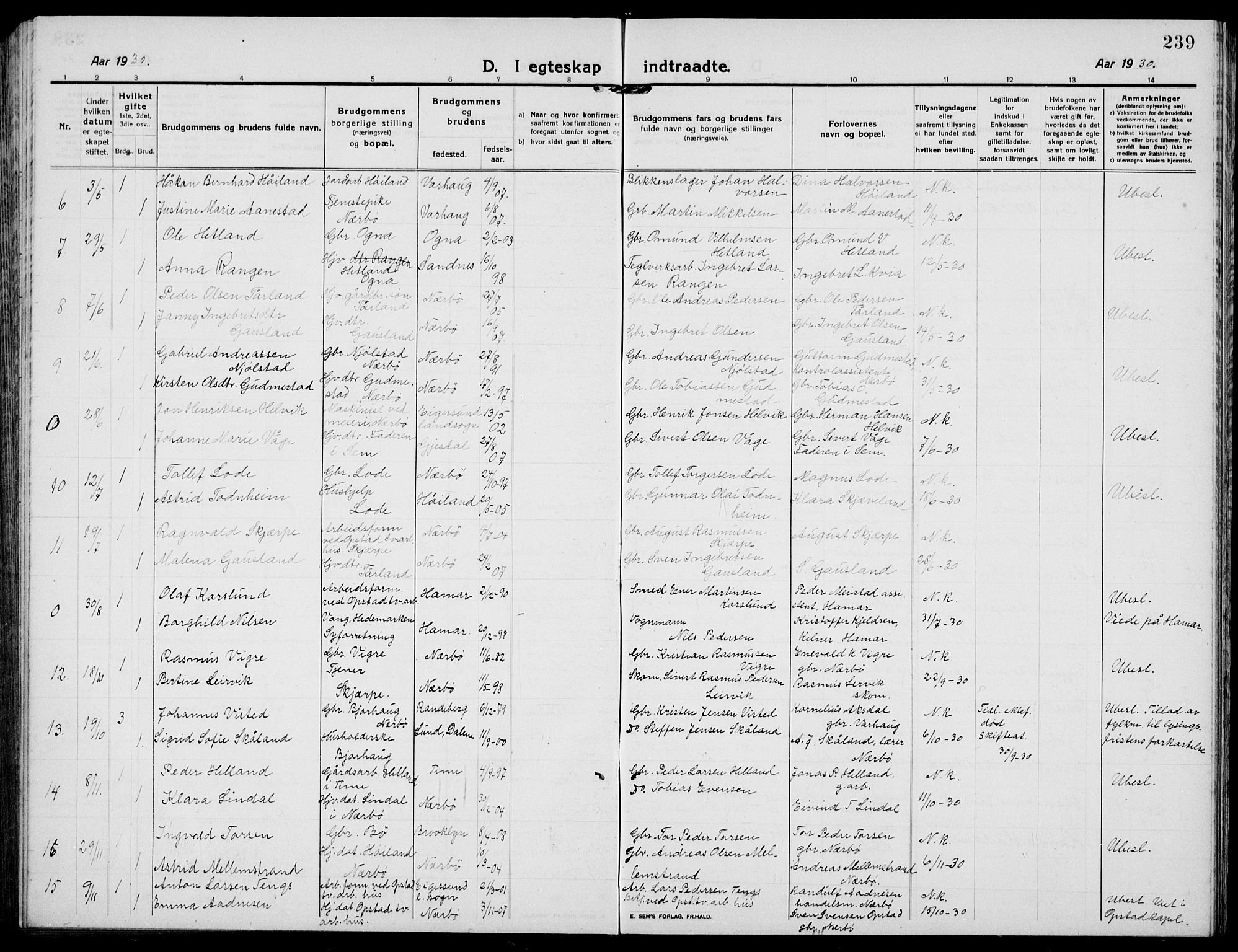 Hå sokneprestkontor, AV/SAST-A-101801/001/30BB/L0007: Parish register (copy) no. B 7, 1912-1939, p. 239