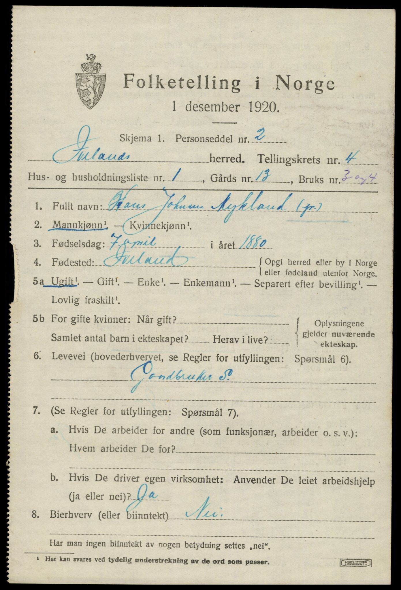 SAK, 1920 census for Iveland, 1920, p. 1309