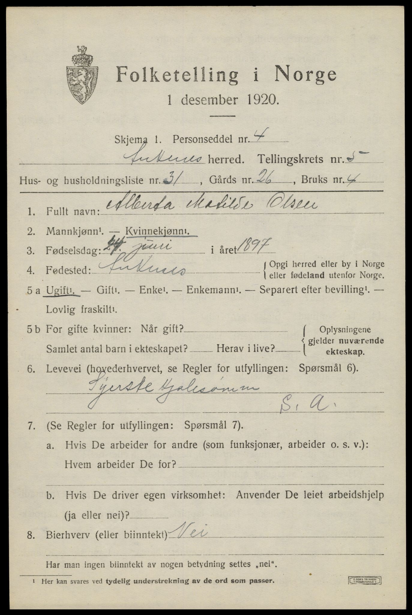 SAT, 1920 census for Ankenes, 1920, p. 3449