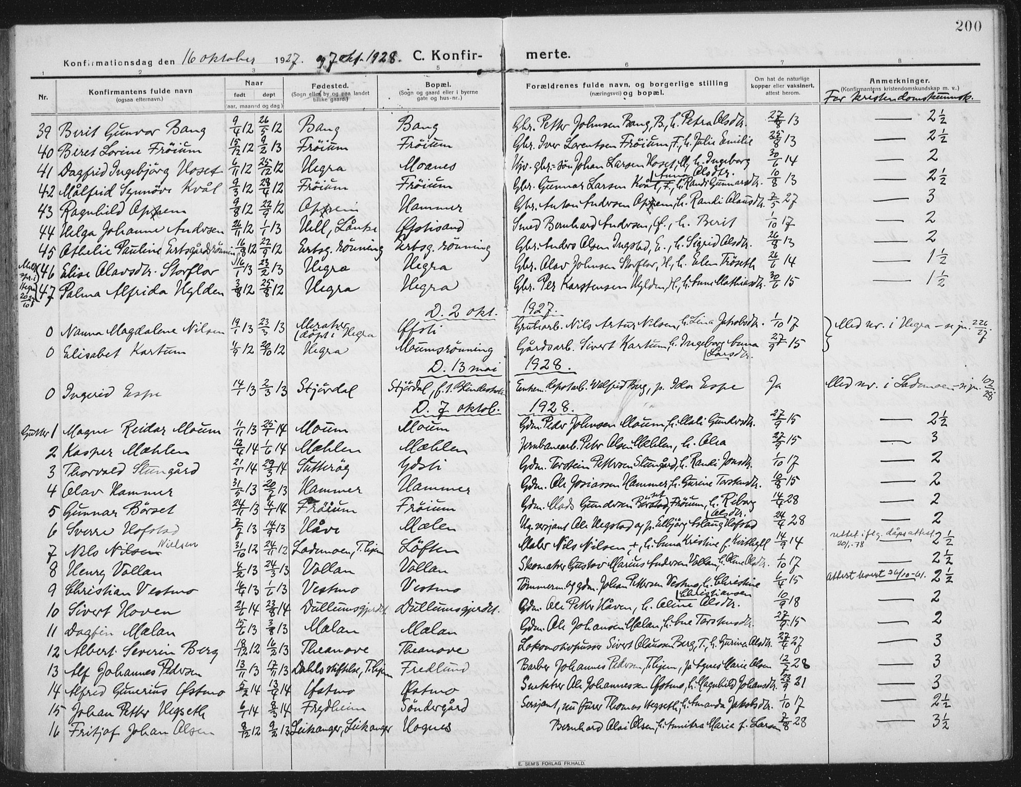 Ministerialprotokoller, klokkerbøker og fødselsregistre - Nord-Trøndelag, AV/SAT-A-1458/709/L0083: Parish register (official) no. 709A23, 1916-1928, p. 200