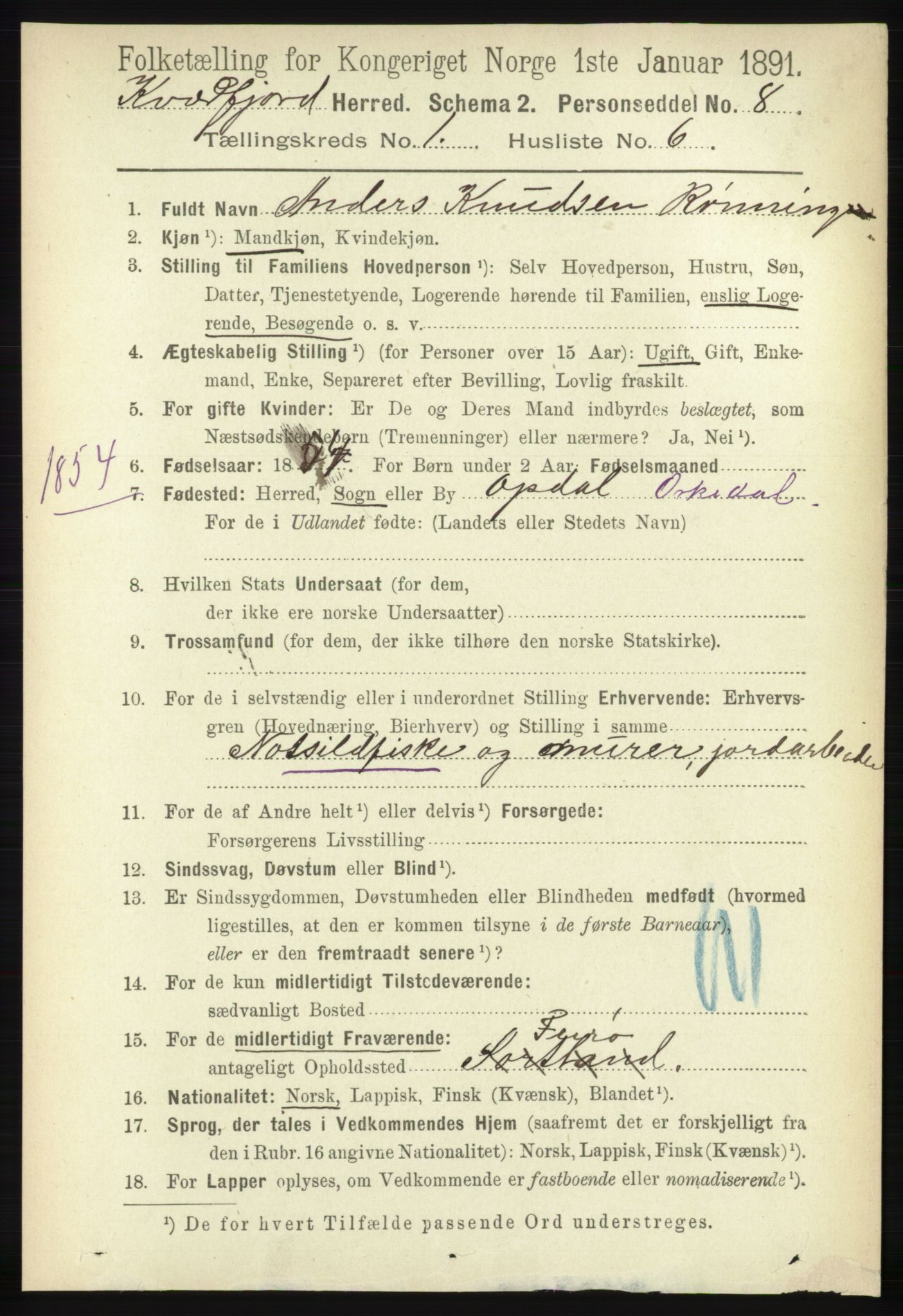 RA, 1891 census for 1911 Kvæfjord, 1891, p. 141