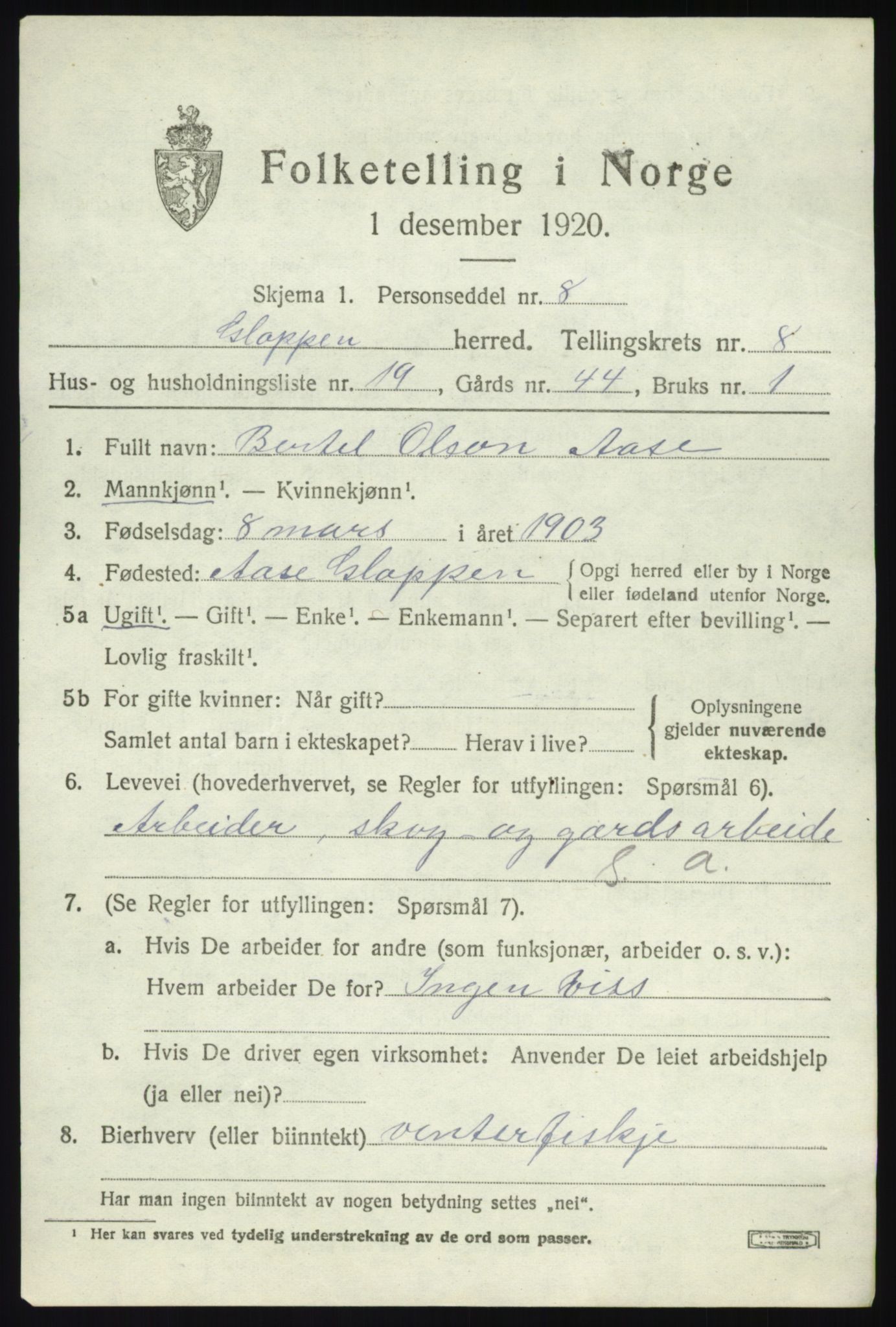 SAB, 1920 census for Gloppen, 1920, p. 4838