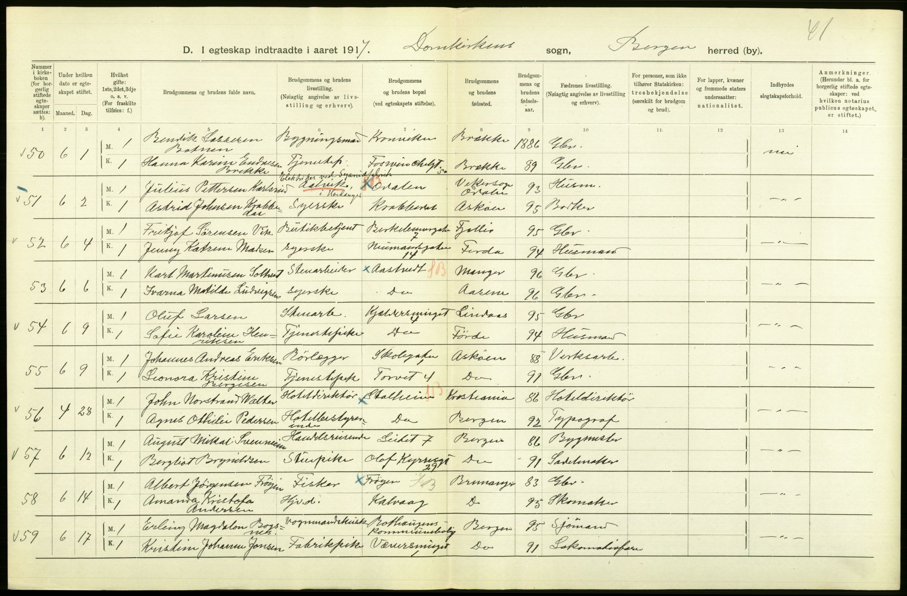 Statistisk sentralbyrå, Sosiodemografiske emner, Befolkning, AV/RA-S-2228/D/Df/Dfb/Dfbg/L0038: Bergen: Gifte, døde, dødfødte., 1917, p. 16