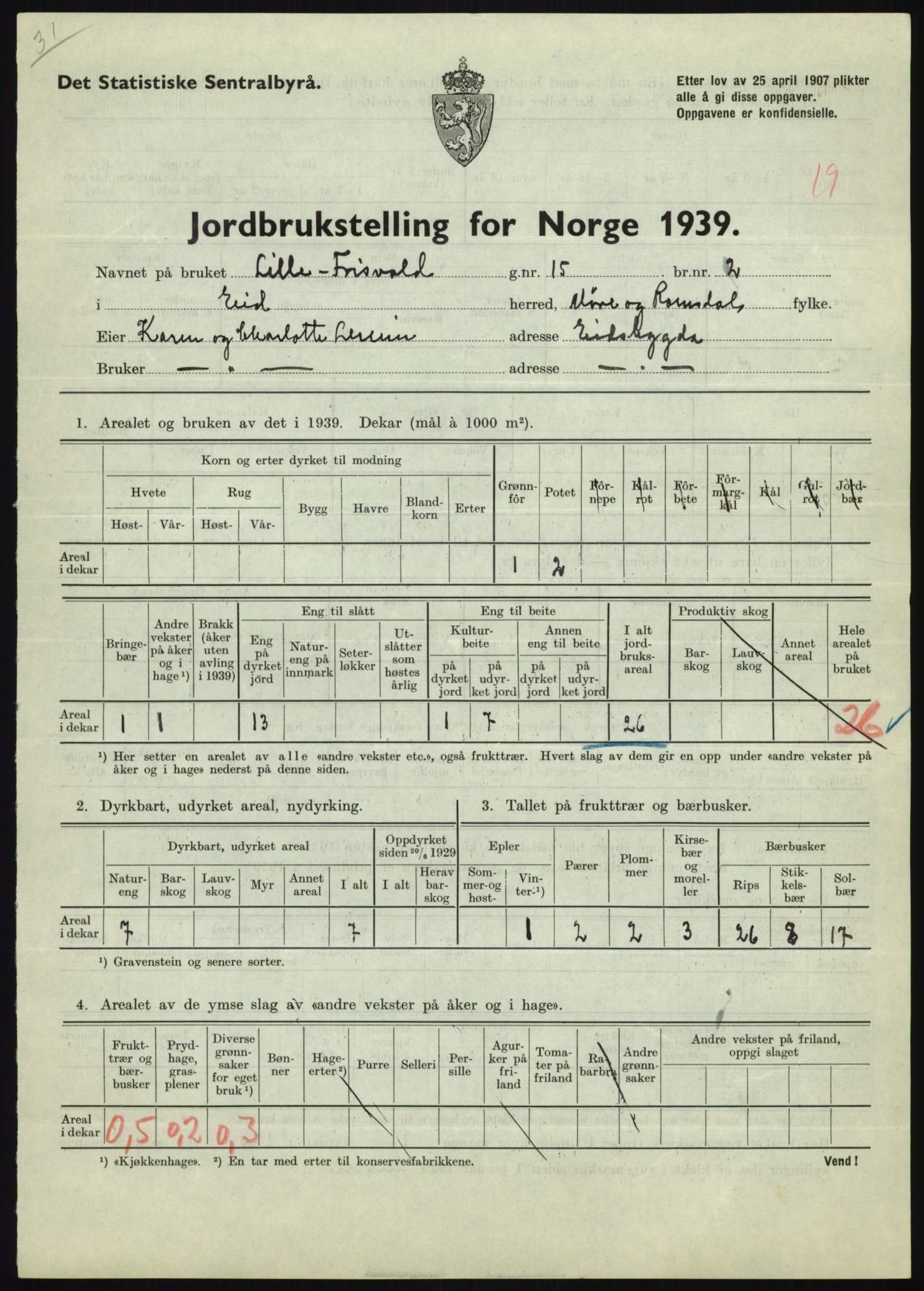 Statistisk sentralbyrå, Næringsøkonomiske emner, Jordbruk, skogbruk, jakt, fiske og fangst, AV/RA-S-2234/G/Gb/L0251: Møre og Romsdal: Voll, Eid, Grytten og Hen, 1939, p. 421