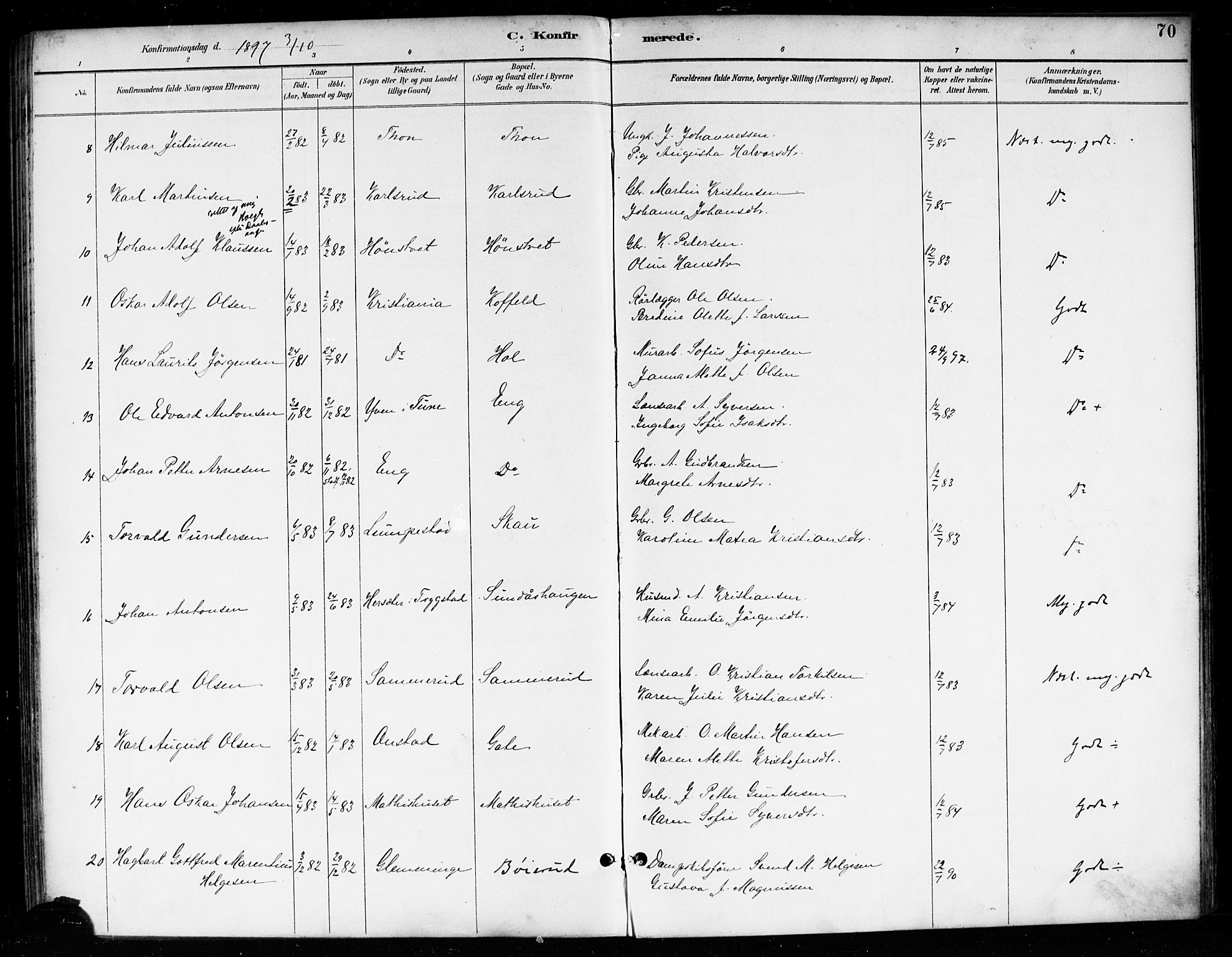 Skiptvet prestekontor Kirkebøker, AV/SAO-A-20009/F/Fa/L0010: Parish register (official) no. 10, 1890-1900, p. 70