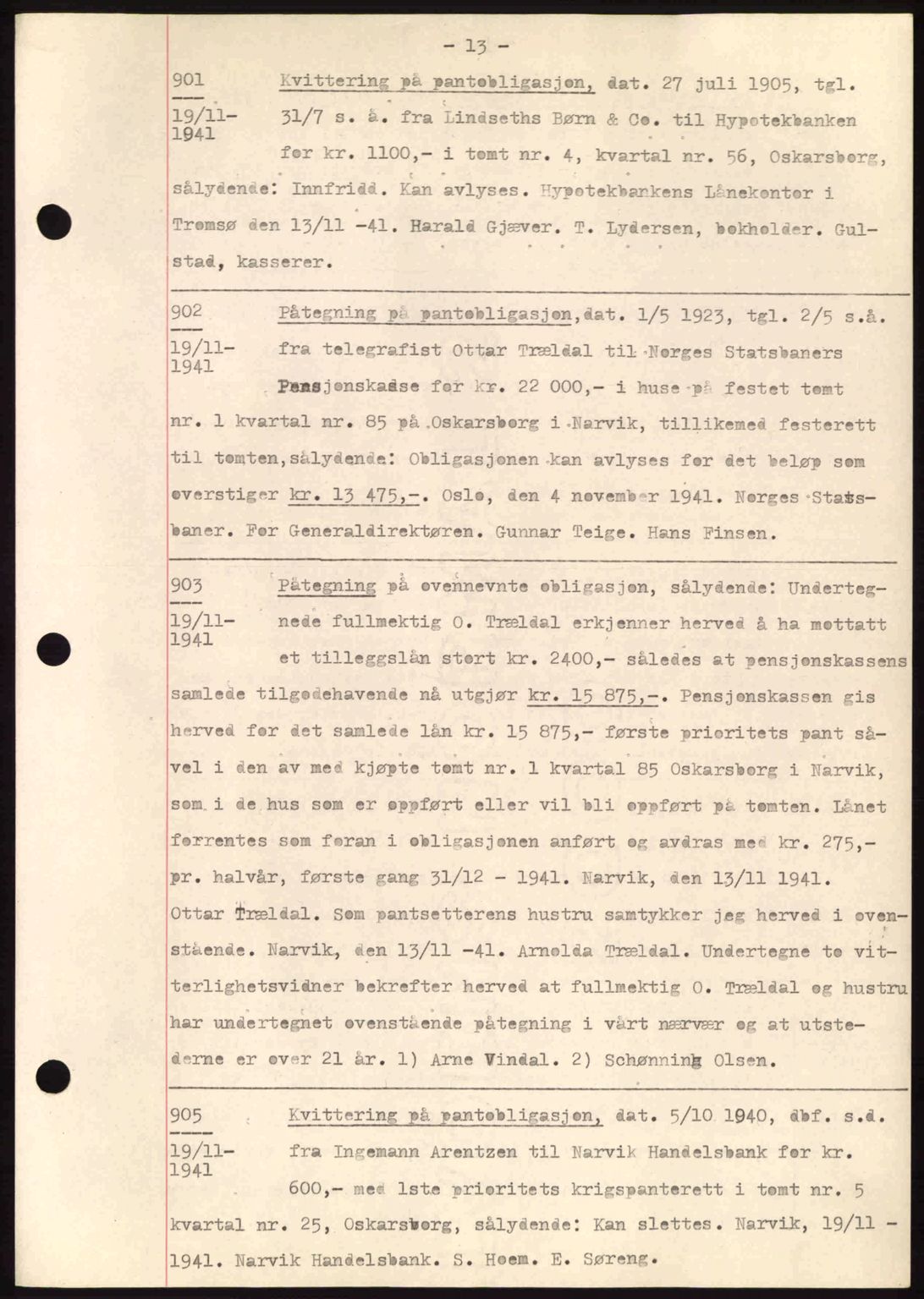 Narvik sorenskriveri, AV/SAT-A-0002/1/2/2C/2Ca: Mortgage book no. A18, 1941-1951, Diary no: : 901/1941