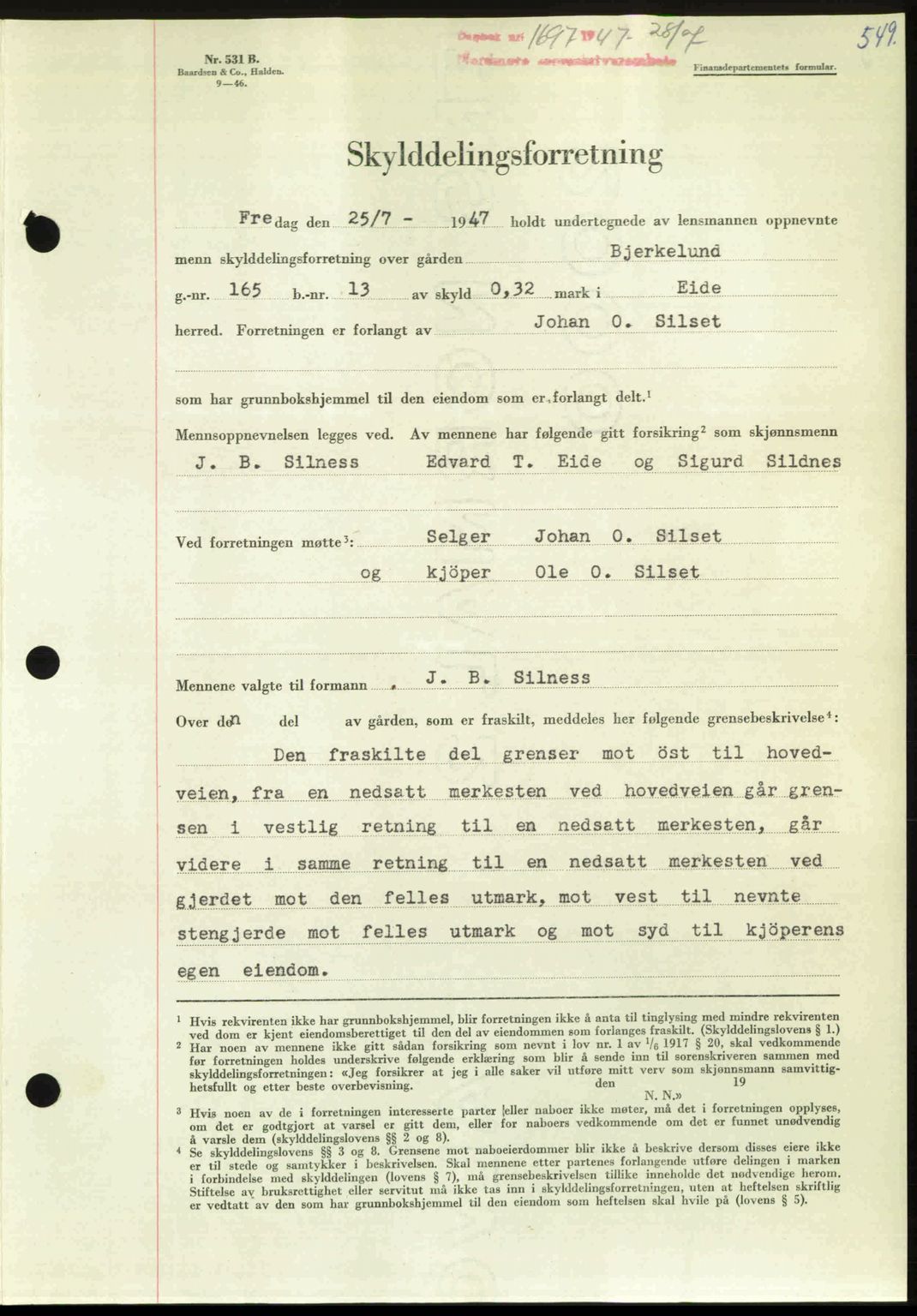 Nordmøre sorenskriveri, AV/SAT-A-4132/1/2/2Ca: Mortgage book no. A105, 1947-1947, Diary no: : 1697/1947