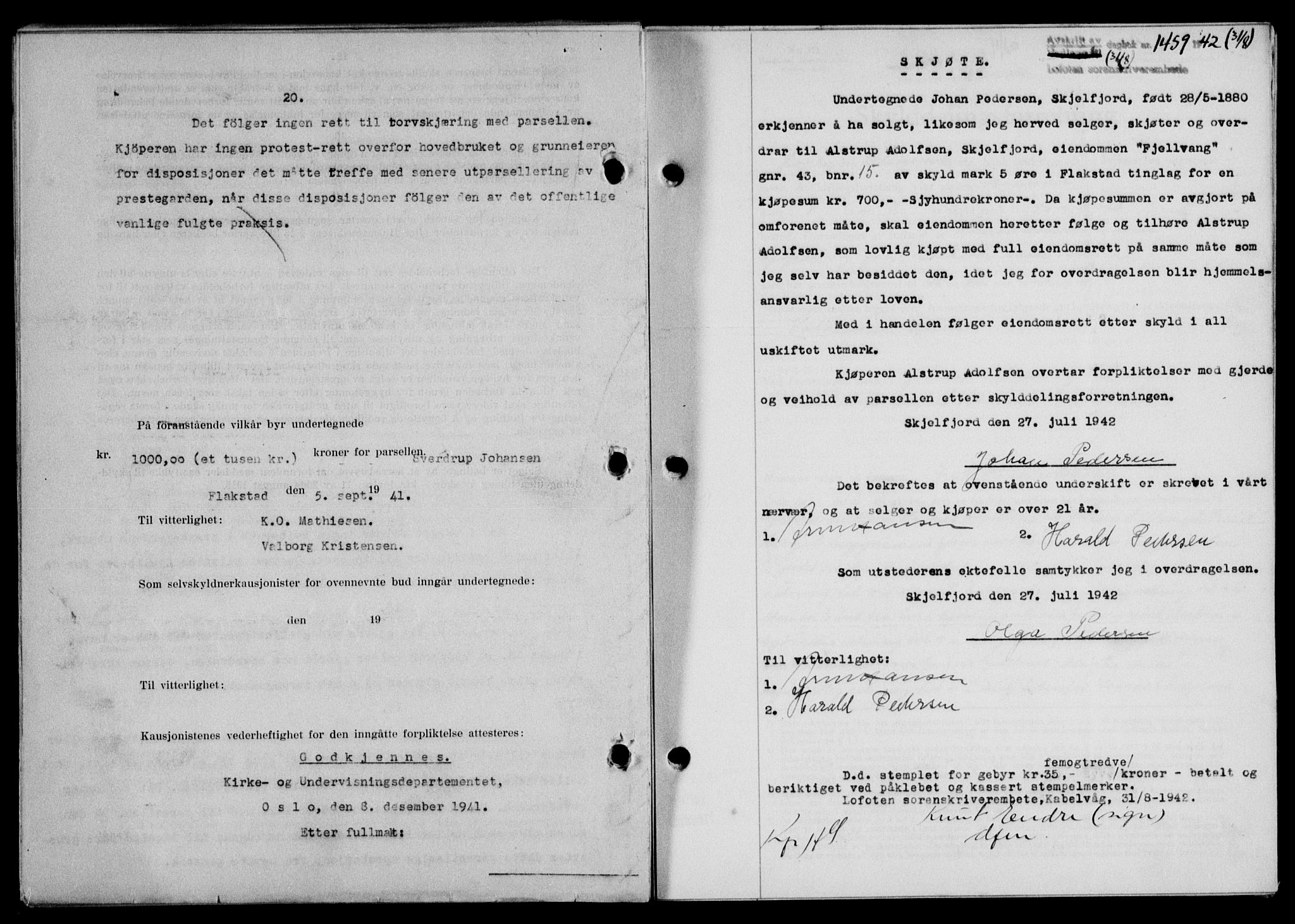 Lofoten sorenskriveri, SAT/A-0017/1/2/2C/L0010a: Mortgage book no. 10a, 1942-1943, Diary no: : 1459/1942