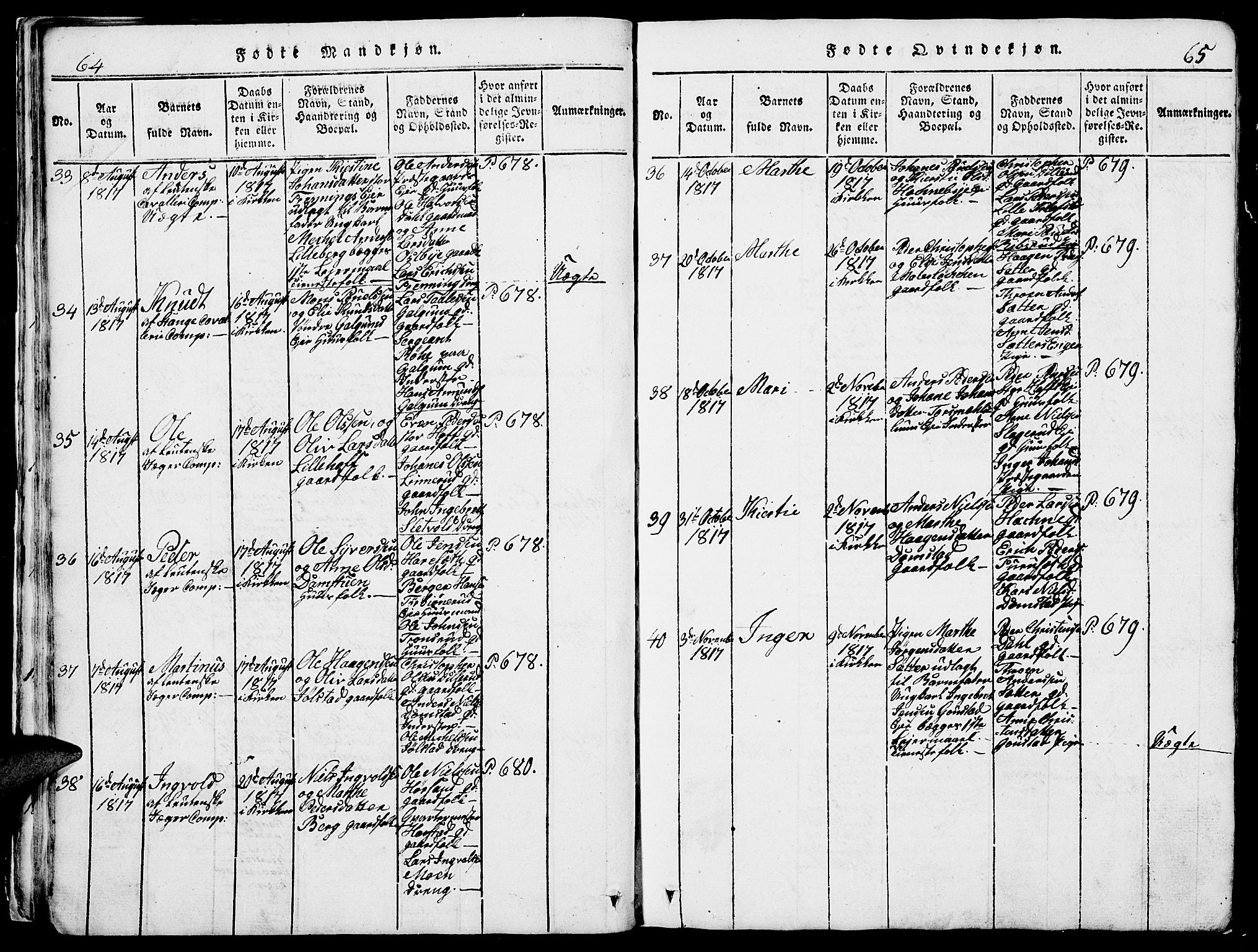 Romedal prestekontor, SAH/PREST-004/L/L0005: Parish register (copy) no. 5, 1814-1829, p. 64-65