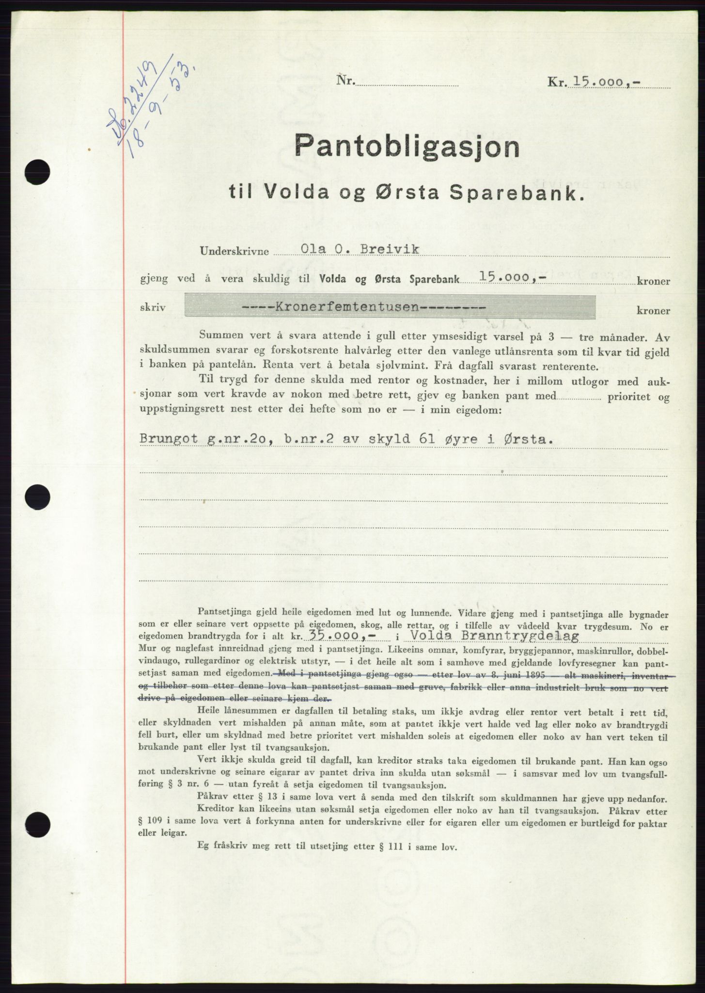 Søre Sunnmøre sorenskriveri, AV/SAT-A-4122/1/2/2C/L0123: Mortgage book no. 11B, 1953-1953, Diary no: : 2249/1953