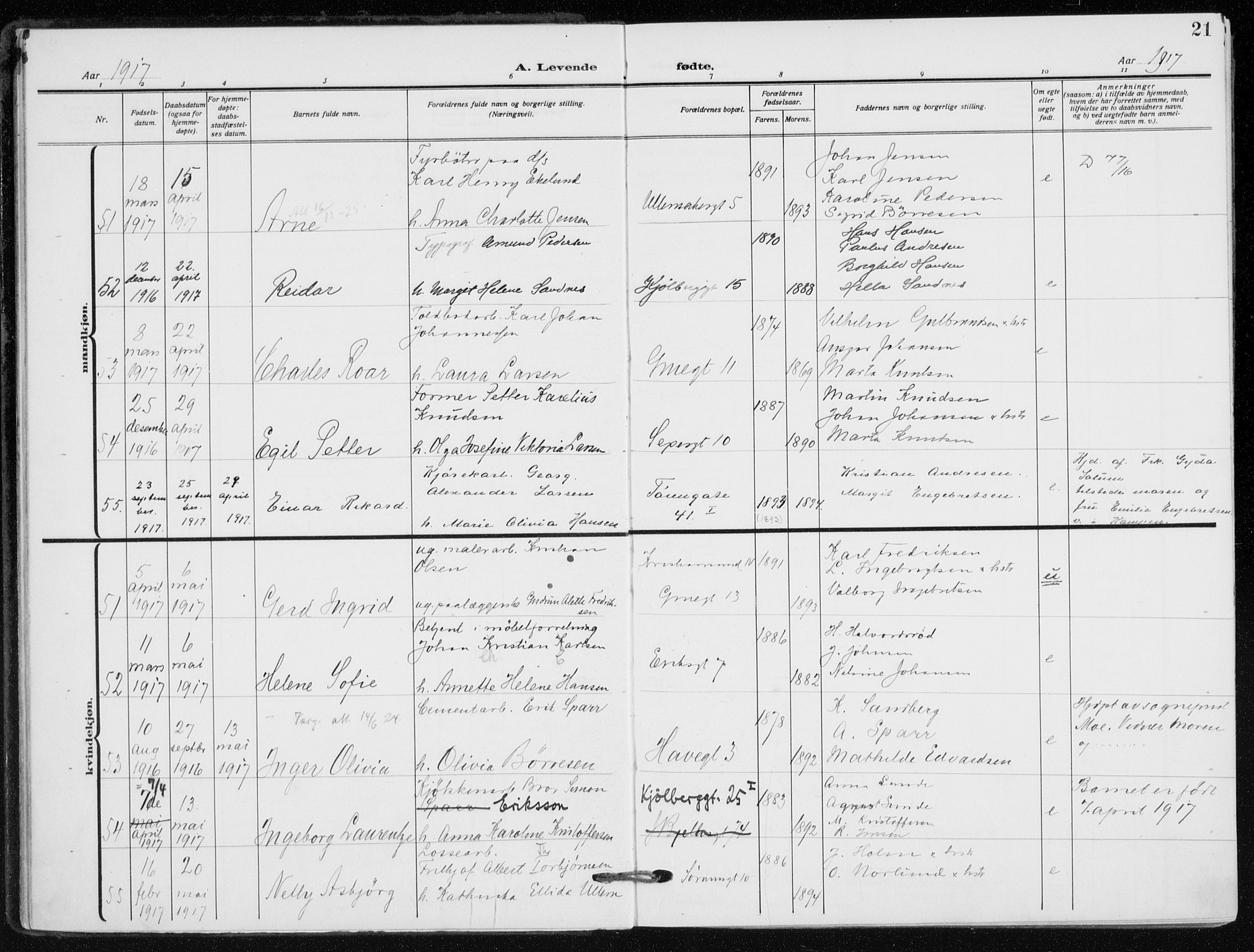 Kampen prestekontor Kirkebøker, AV/SAO-A-10853/F/Fa/L0012: Parish register (official) no. I 12, 1916-1921, p. 21