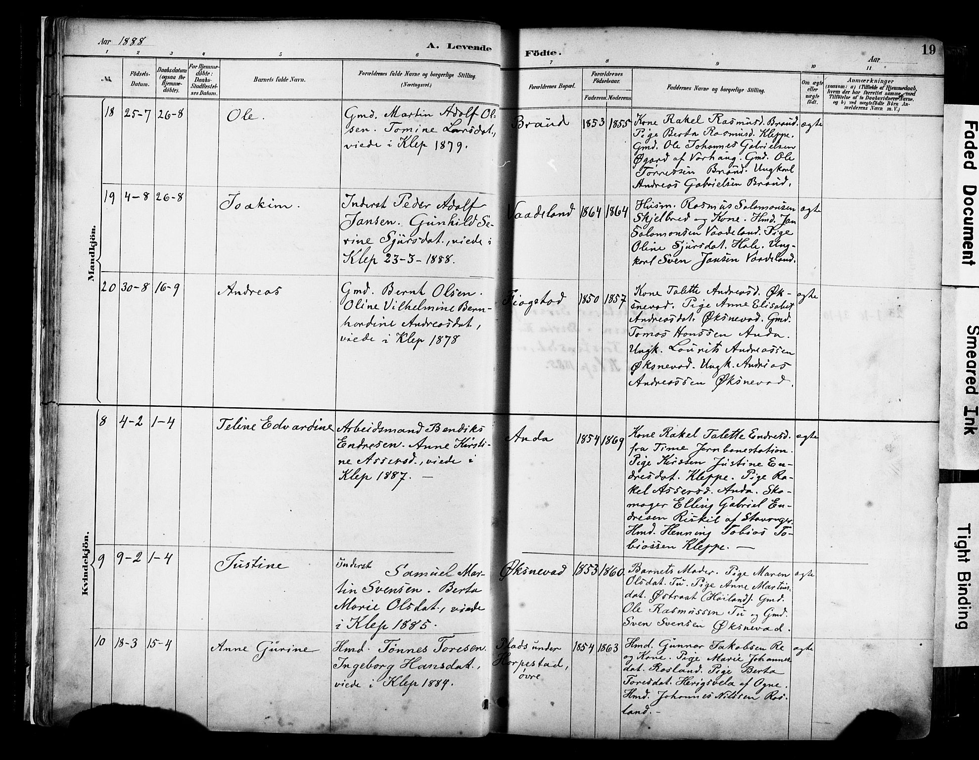 Klepp sokneprestkontor, AV/SAST-A-101803/001/3/30BA/L0009: Parish register (official) no. A 7, 1886-1915, p. 19