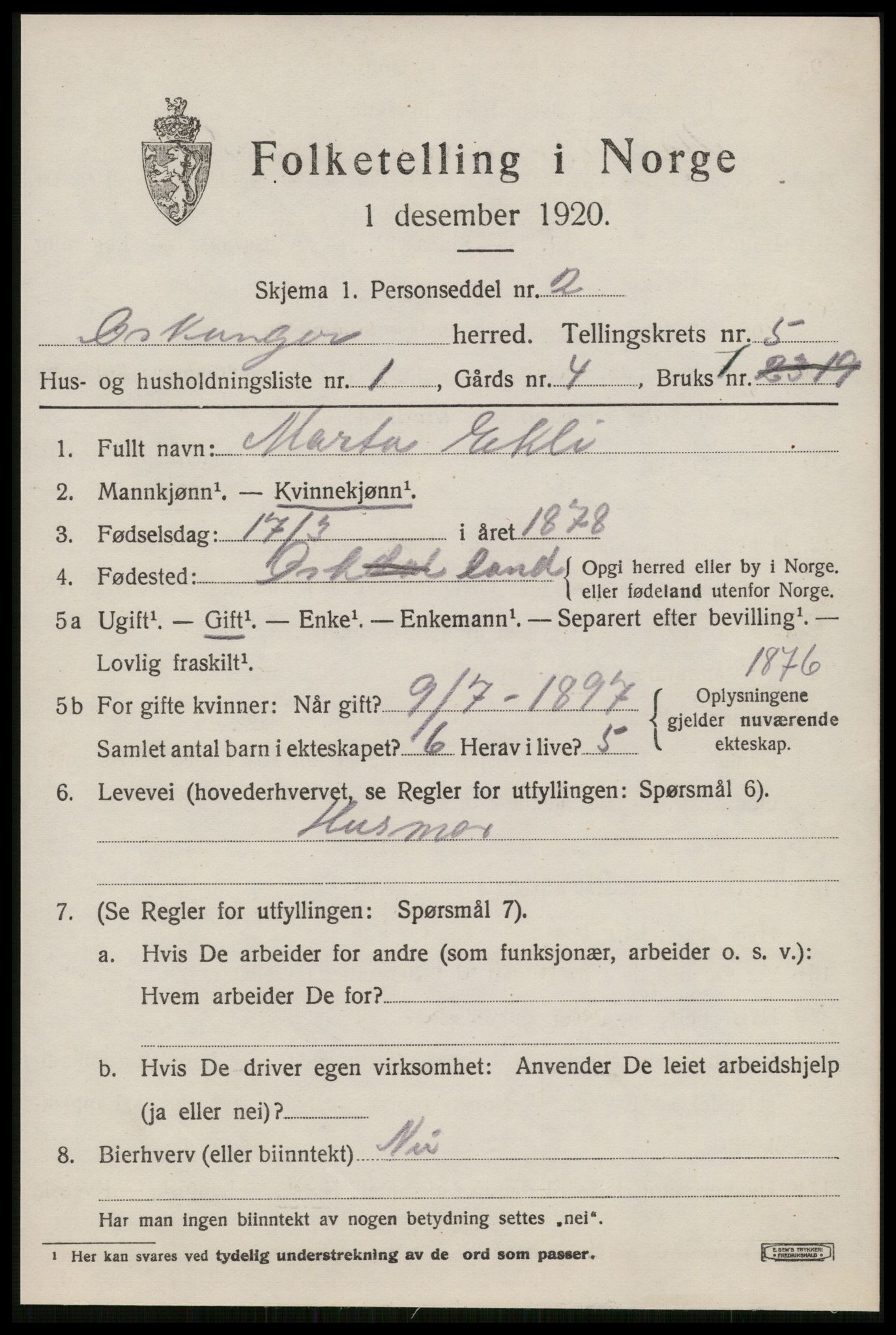 SAT, 1920 census for Orkanger, 1920, p. 2531