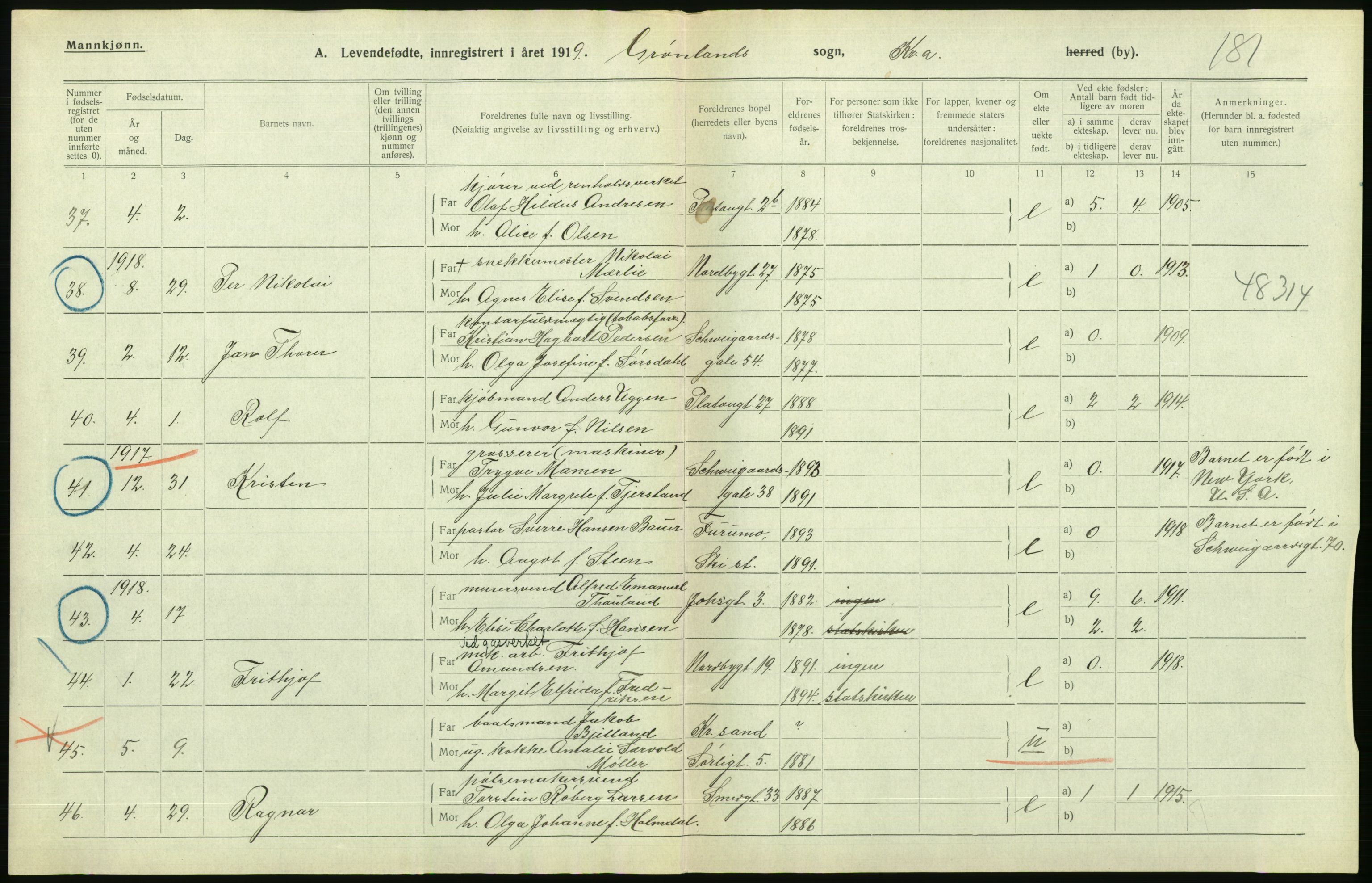 Statistisk sentralbyrå, Sosiodemografiske emner, Befolkning, AV/RA-S-2228/D/Df/Dfb/Dfbi/L0008: Kristiania: Levendefødte menn og kvinner., 1919