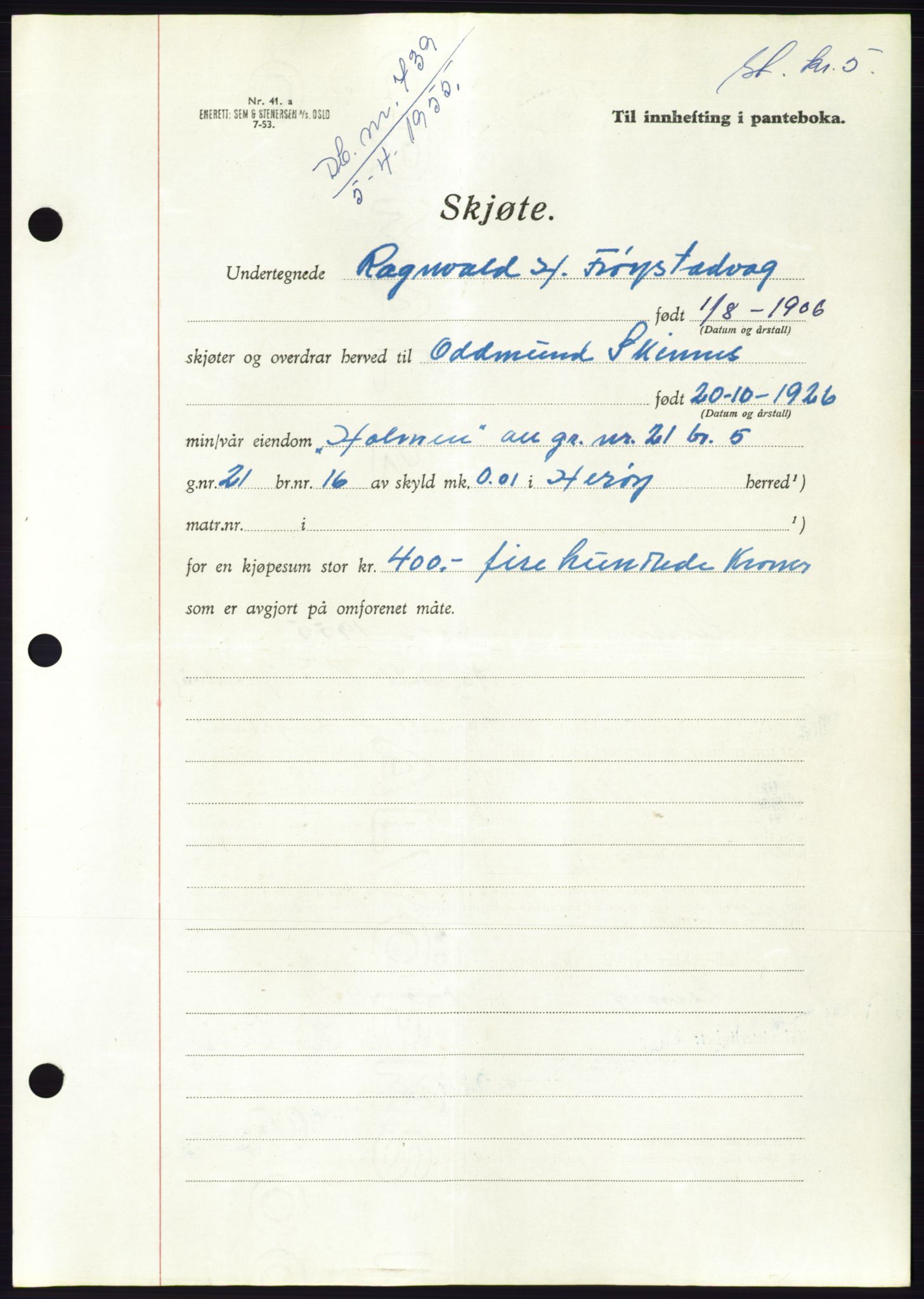 Søre Sunnmøre sorenskriveri, AV/SAT-A-4122/1/2/2C/L0100: Mortgage book no. 26A, 1954-1955, Diary no: : 739/1955
