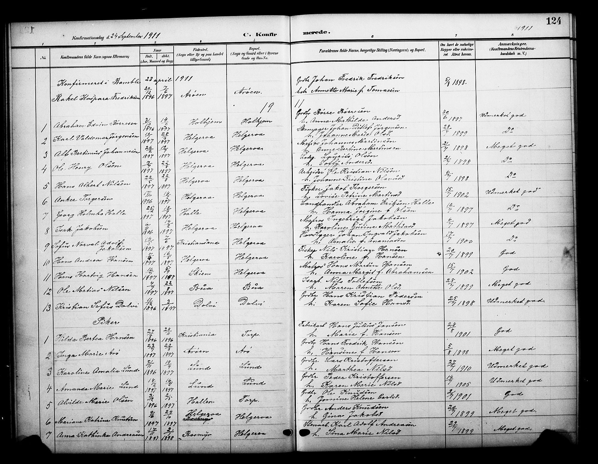 Brunlanes kirkebøker, AV/SAKO-A-342/G/Gb/L0003: Parish register (copy) no. II 3, 1903-1928, p. 124