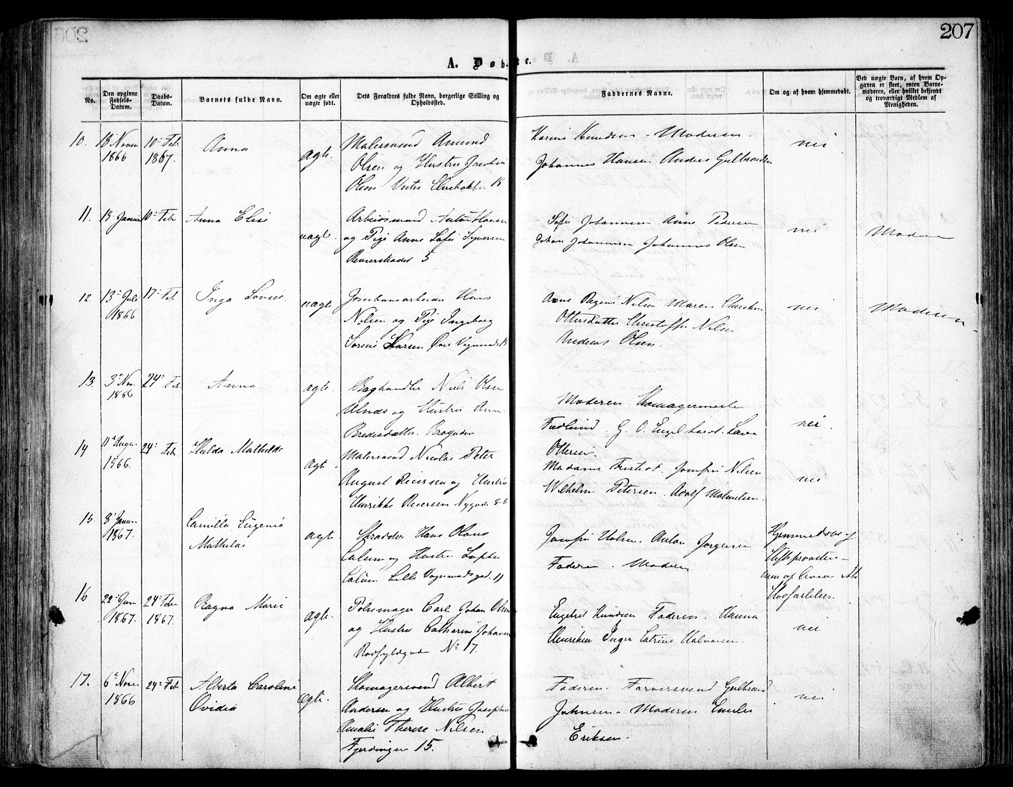 Oslo domkirke Kirkebøker, SAO/A-10752/F/Fa/L0016: Parish register (official) no. 16, 1863-1871, p. 207