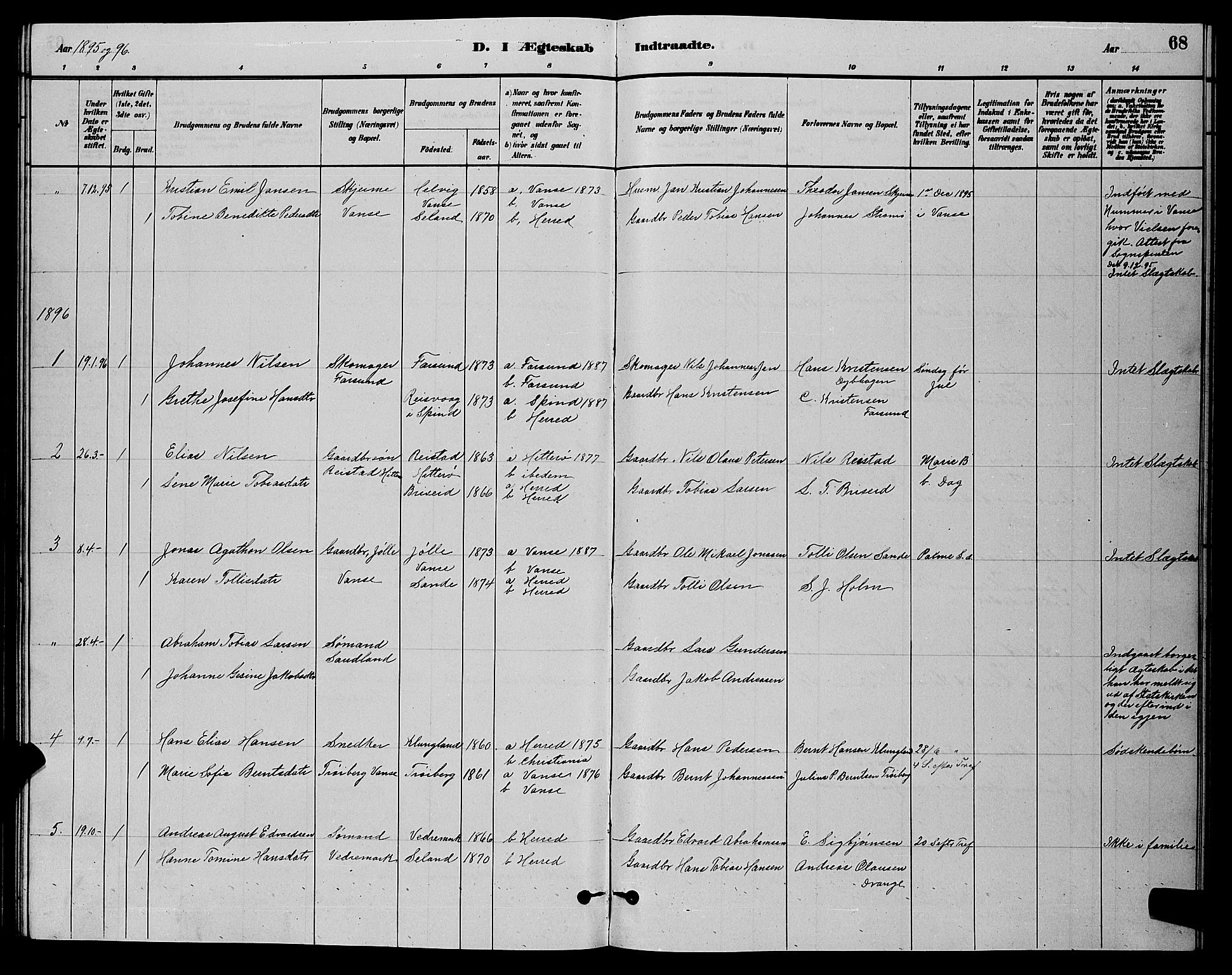 Herad sokneprestkontor, AV/SAK-1111-0018/F/Fb/Fba/L0004: Parish register (copy) no. B 4, 1882-1899, p. 68