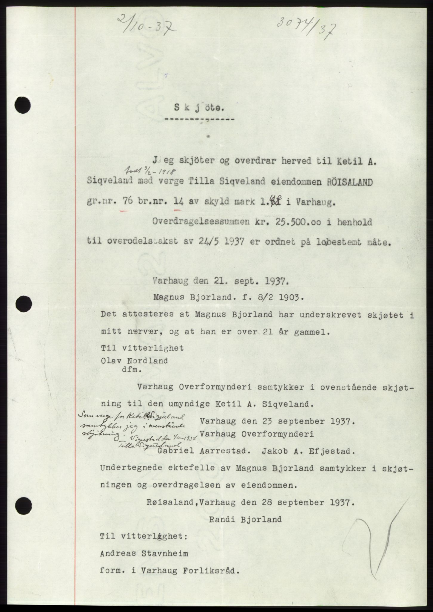 Jæren sorenskriveri, SAST/A-100310/03/G/Gba/L0069: Mortgage book, 1937-1937, Diary no: : 3074/1937