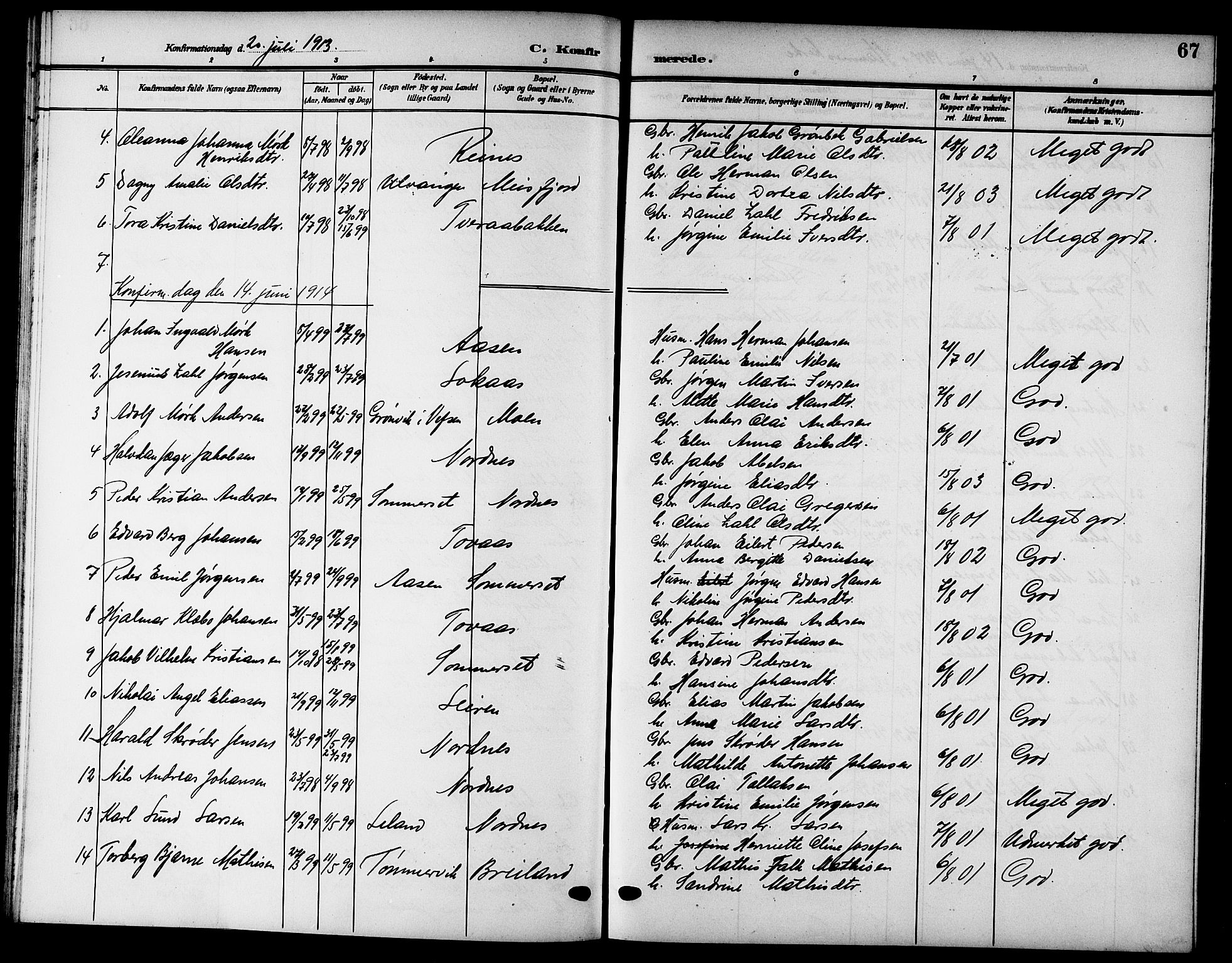 Ministerialprotokoller, klokkerbøker og fødselsregistre - Nordland, SAT/A-1459/832/L0494: Parish register (copy) no. 832C01, 1906-1922, p. 67
