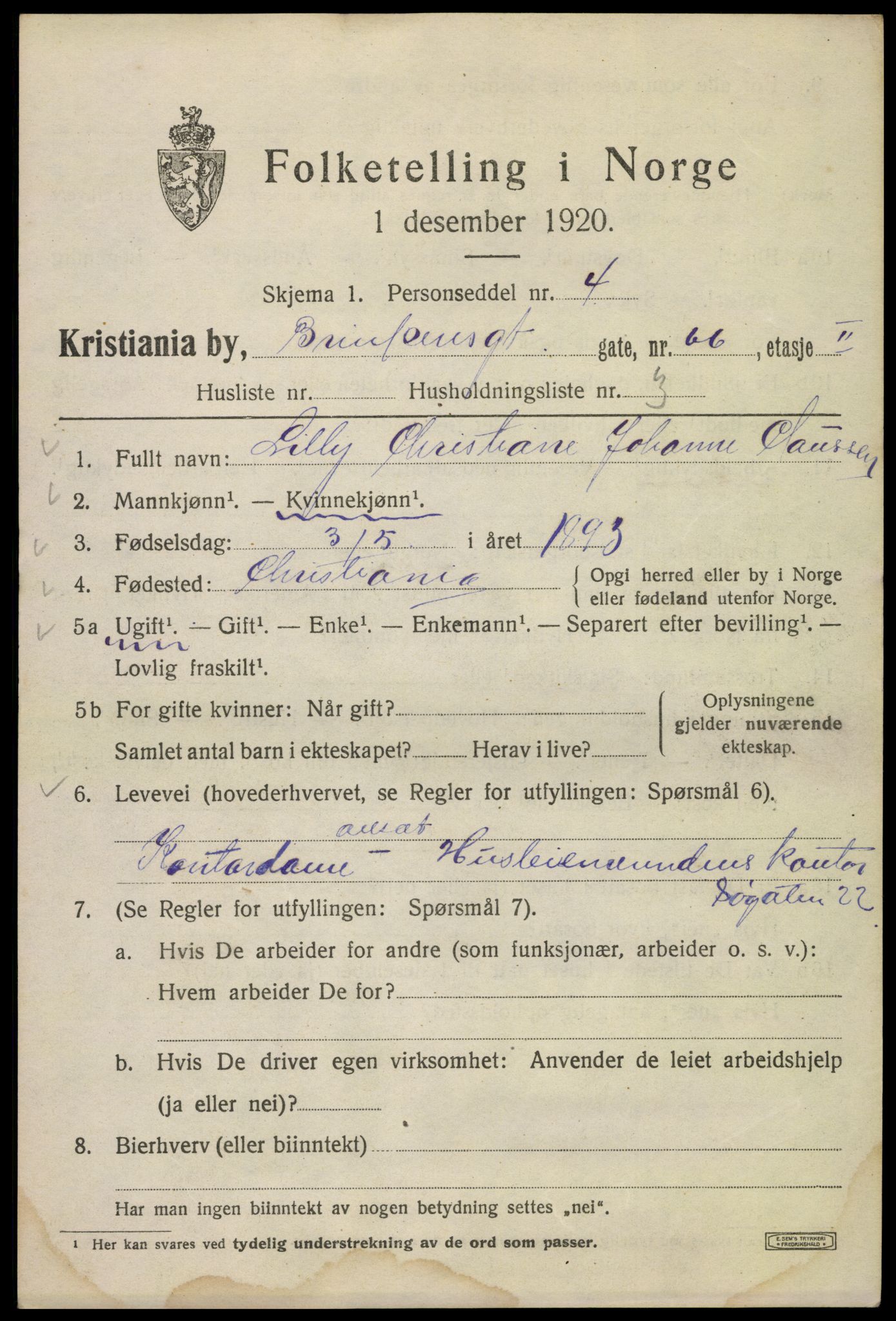 SAO, 1920 census for Kristiania, 1920, p. 173003