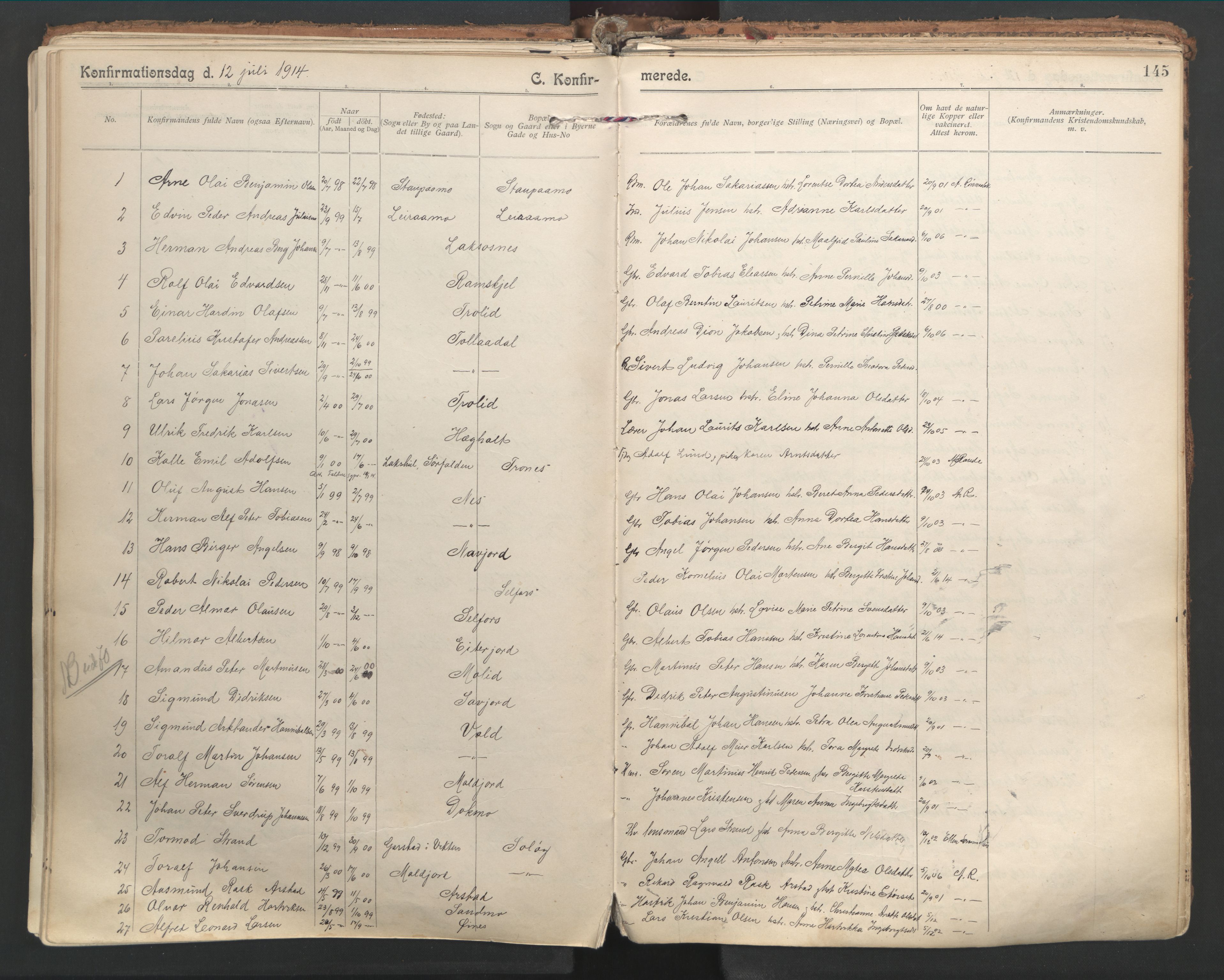 Ministerialprotokoller, klokkerbøker og fødselsregistre - Nordland, SAT/A-1459/846/L0647: Parish register (official) no. 846A05, 1902-1915, p. 145