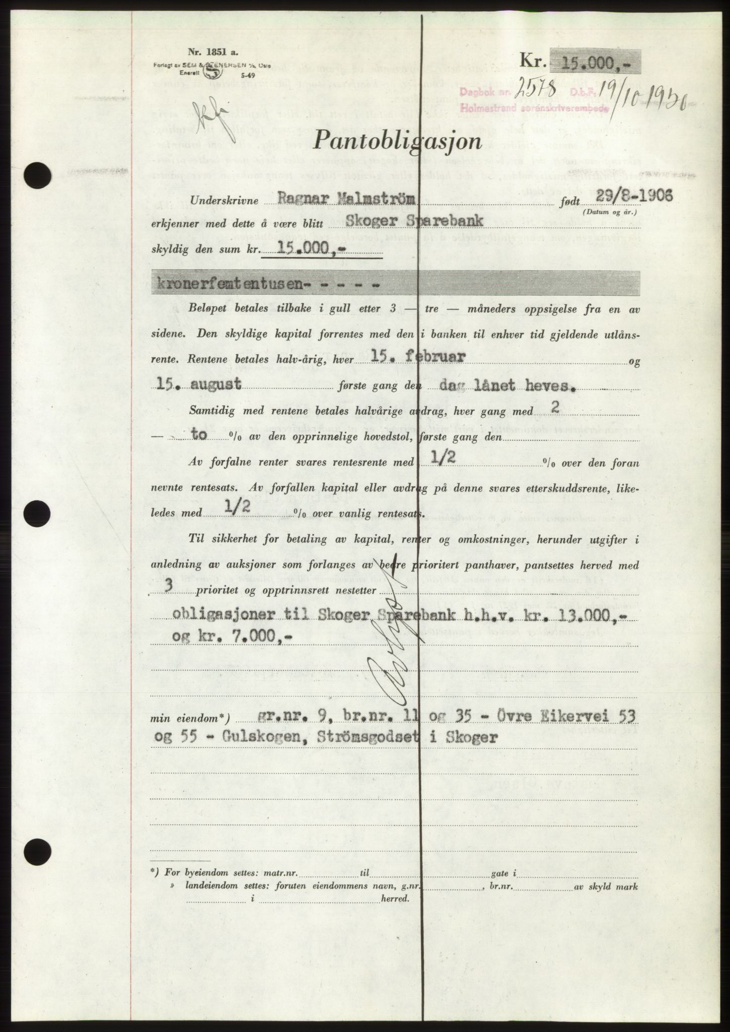 Holmestrand sorenskriveri, AV/SAKO-A-67/G/Ga/Gab/L0063: Mortgage book no. B-63, 1950-1950, Diary no: : 2578/1950