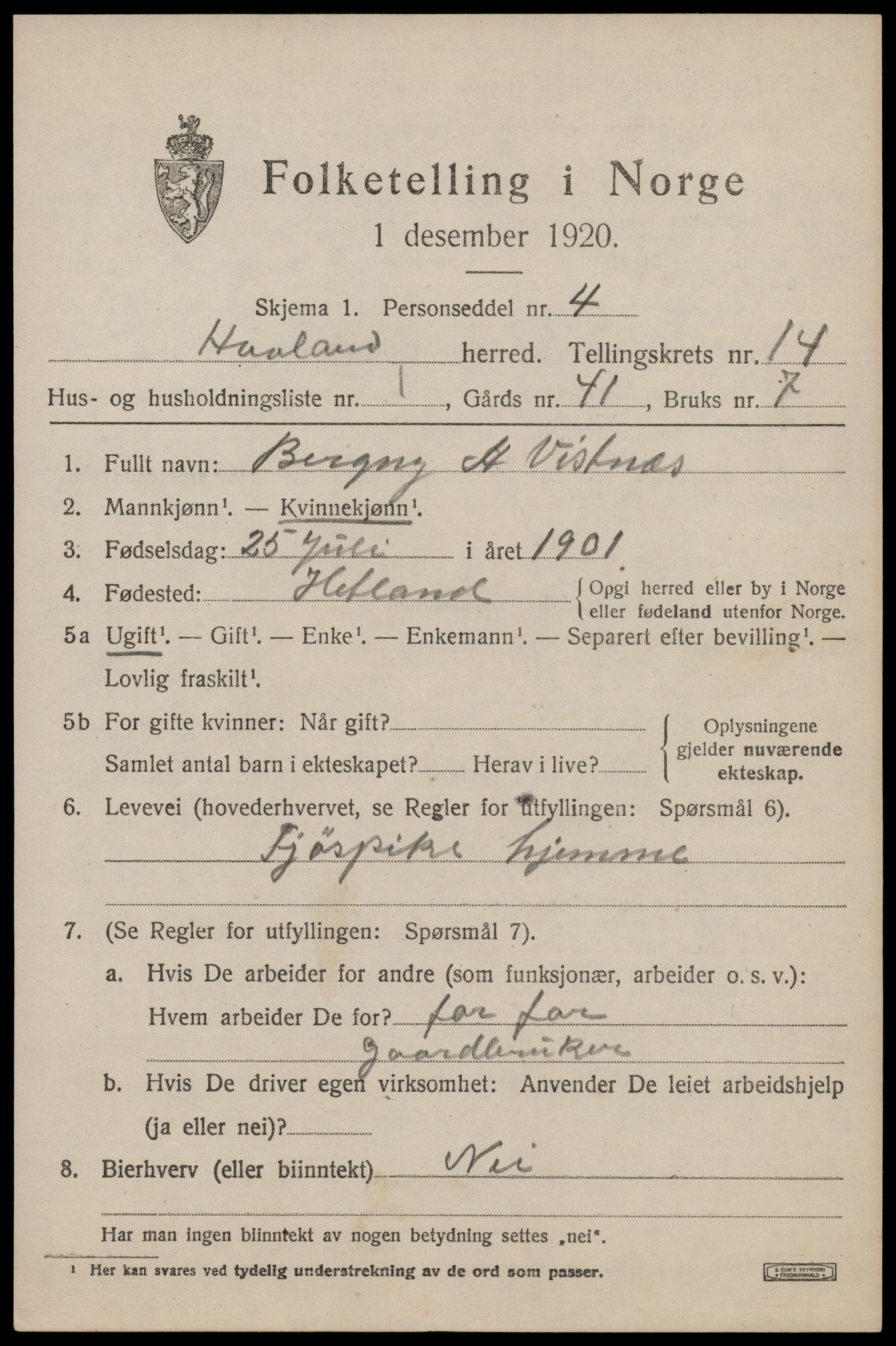 SAST, 1920 census for Håland, 1920, p. 9975