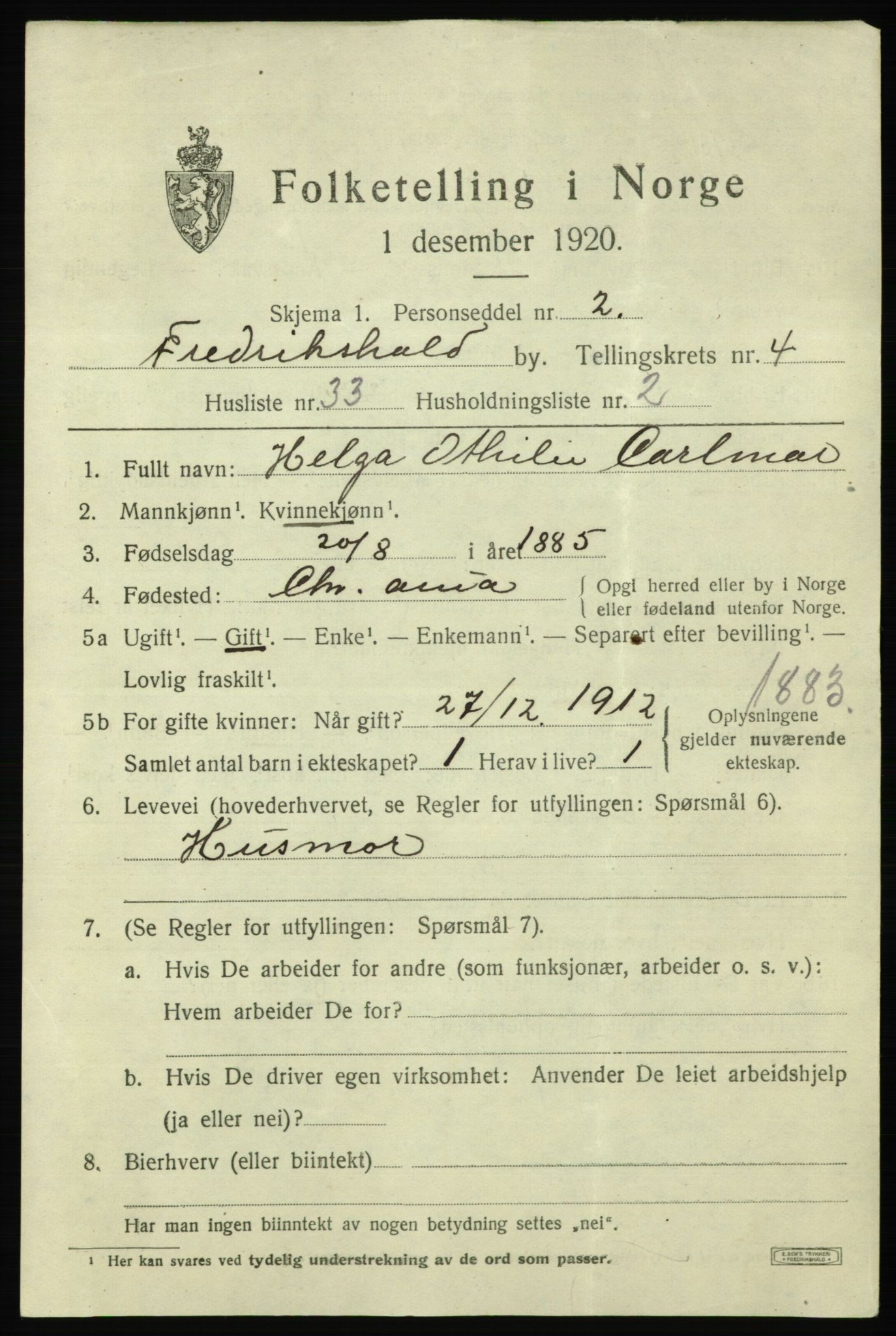 SAO, 1920 census for Fredrikshald, 1920, p. 11855