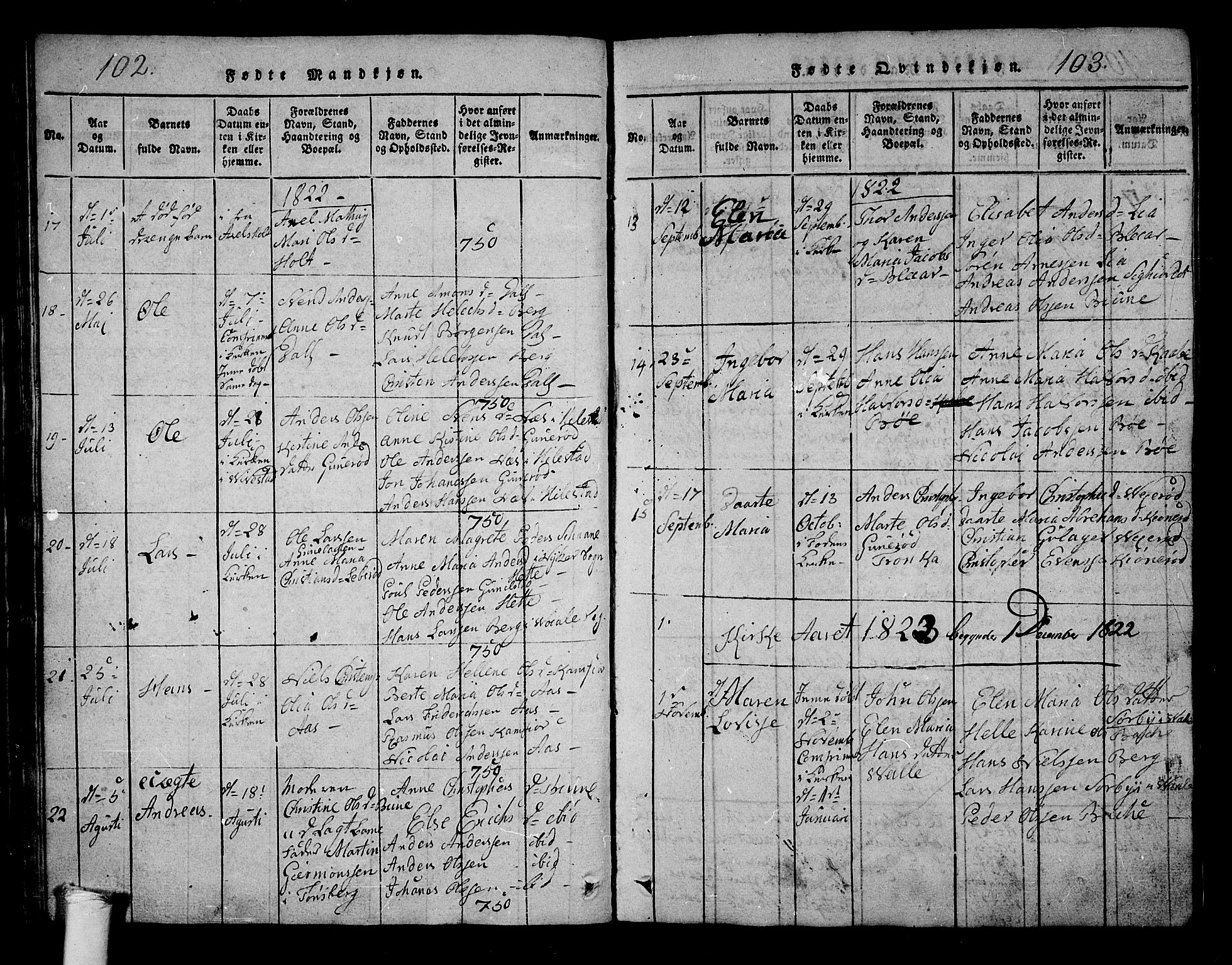 Ramnes kirkebøker, SAKO/A-314/G/Ga/L0001: Parish register (copy) no. I 1, 1813-1847, p. 102-103