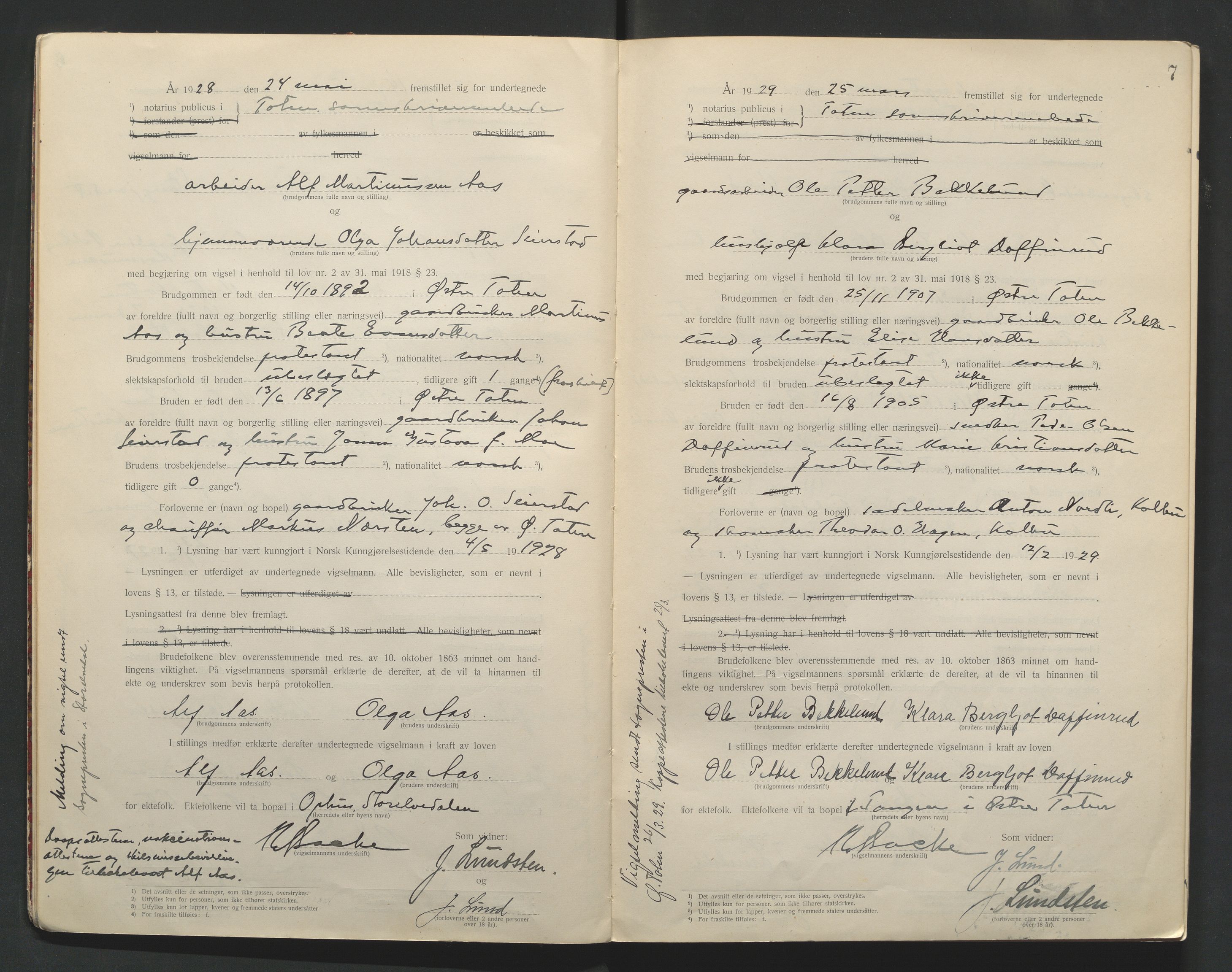 Toten tingrett, AV/SAH-TING-006/L/Lc/L0001: Vigselbok, 1920-1942, p. 7