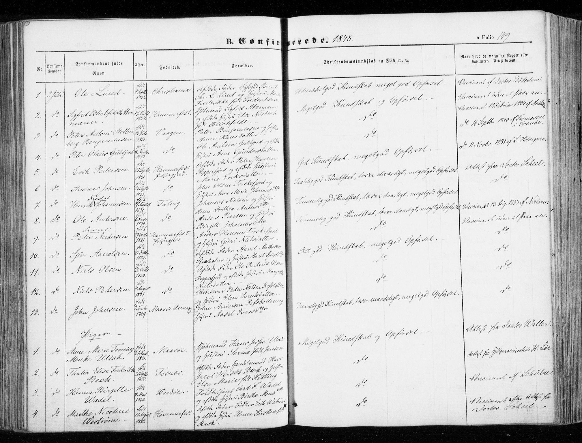 Hammerfest sokneprestkontor, SATØ/S-1347/H/Ha/L0004.kirke: Parish register (official) no. 4, 1843-1856, p. 149