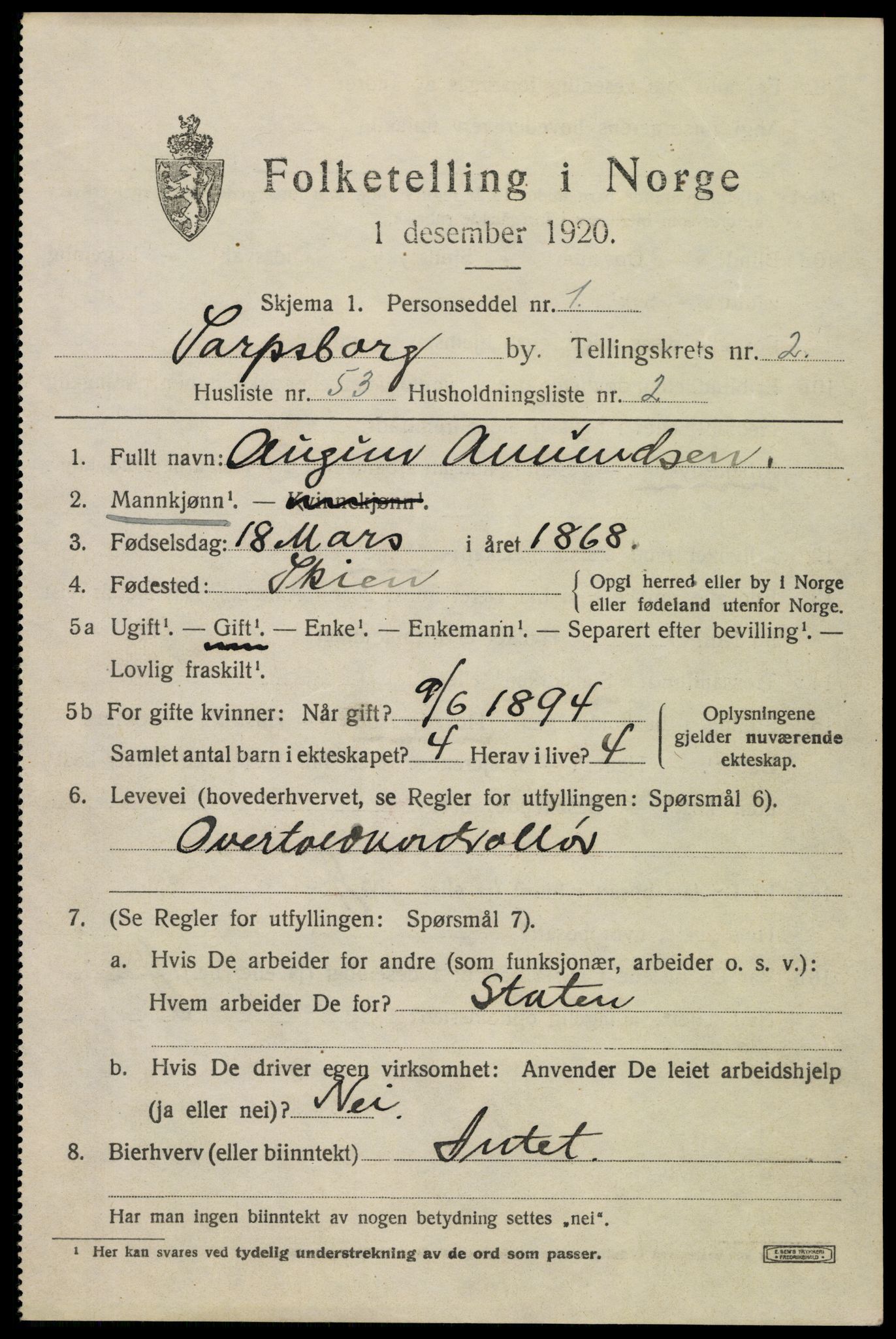 SAO, 1920 census for Sarpsborg, 1920, p. 10270