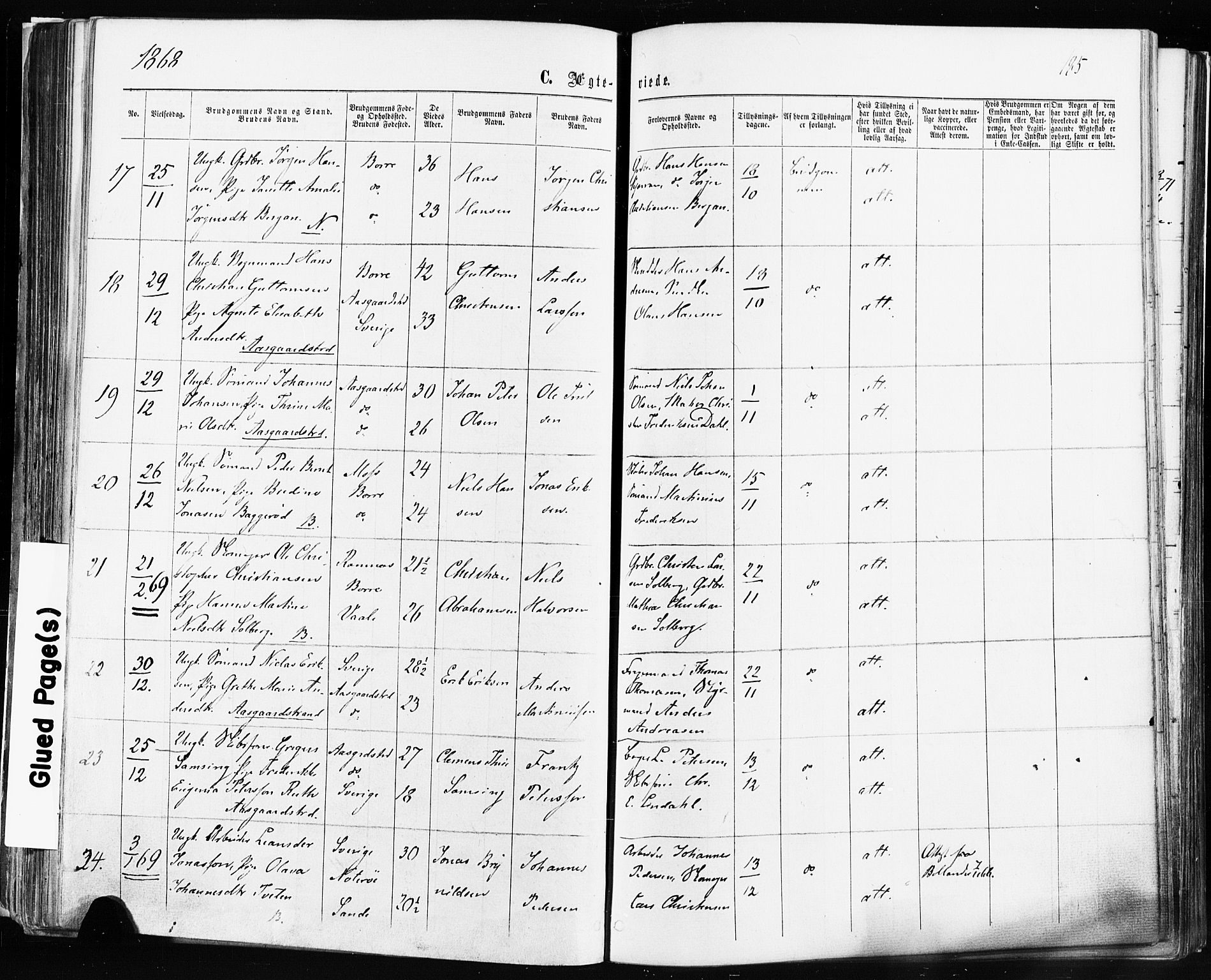 Borre kirkebøker, AV/SAKO-A-338/F/Fa/L0008: Parish register (official) no. I 8, 1868-1877, p. 185