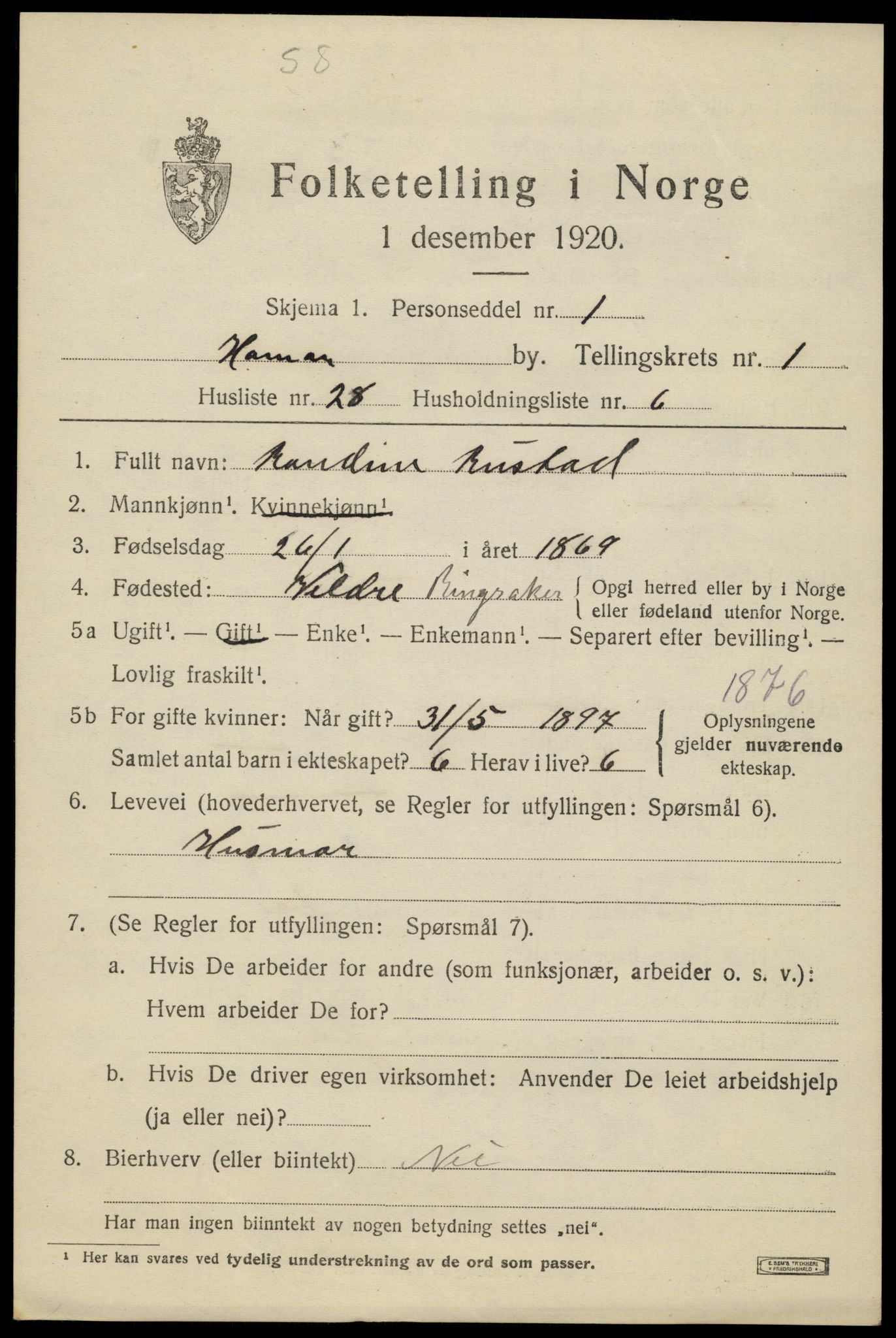 SAH, 1920 census for Hamar, 1920, p. 4887