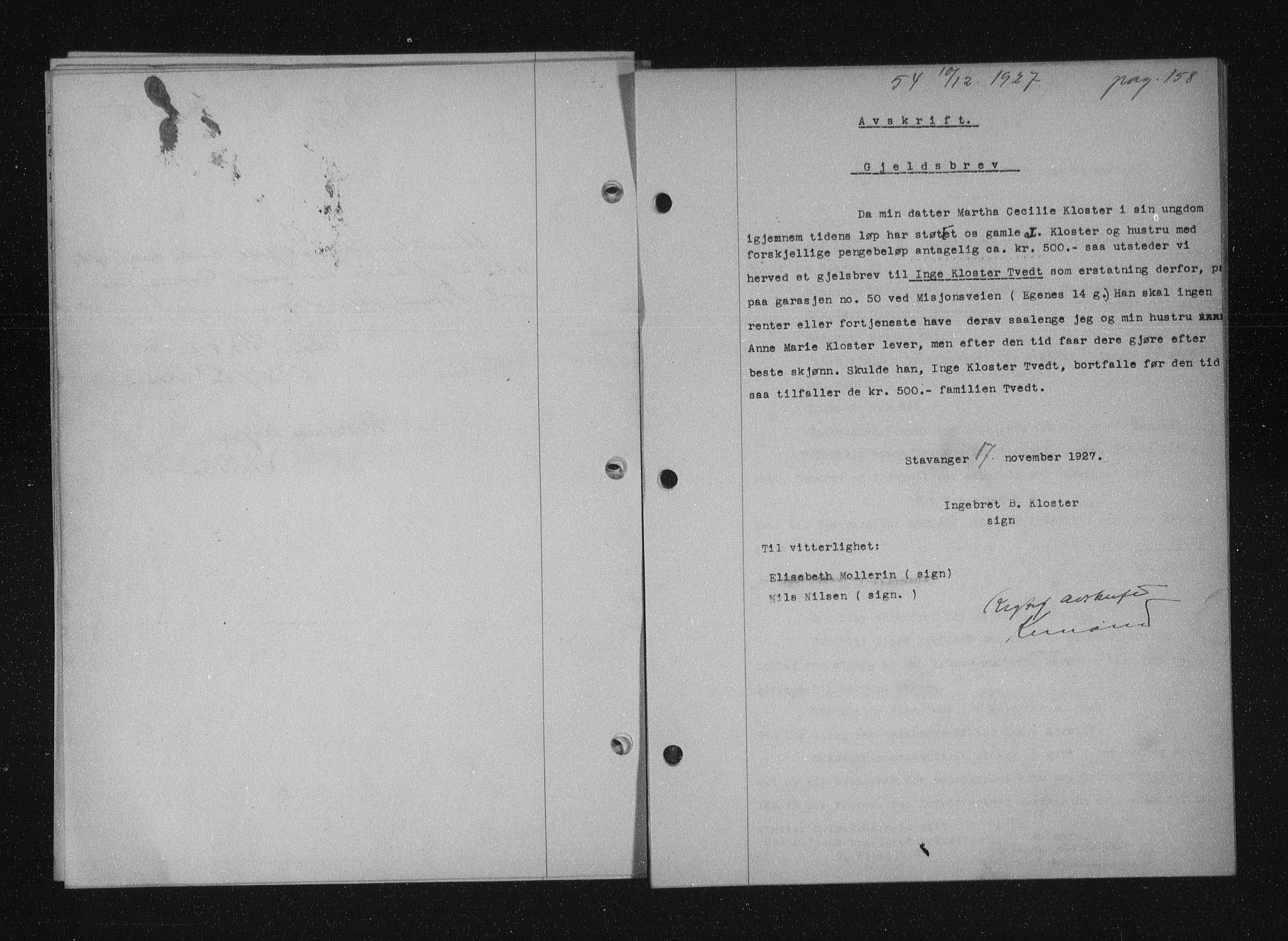 Stavanger byfogd, SAST/A-101408/001/4/41/410/410BB/L0053: Mortgage book no. 41, 1927-1928, Deed date: 10.12.1927
