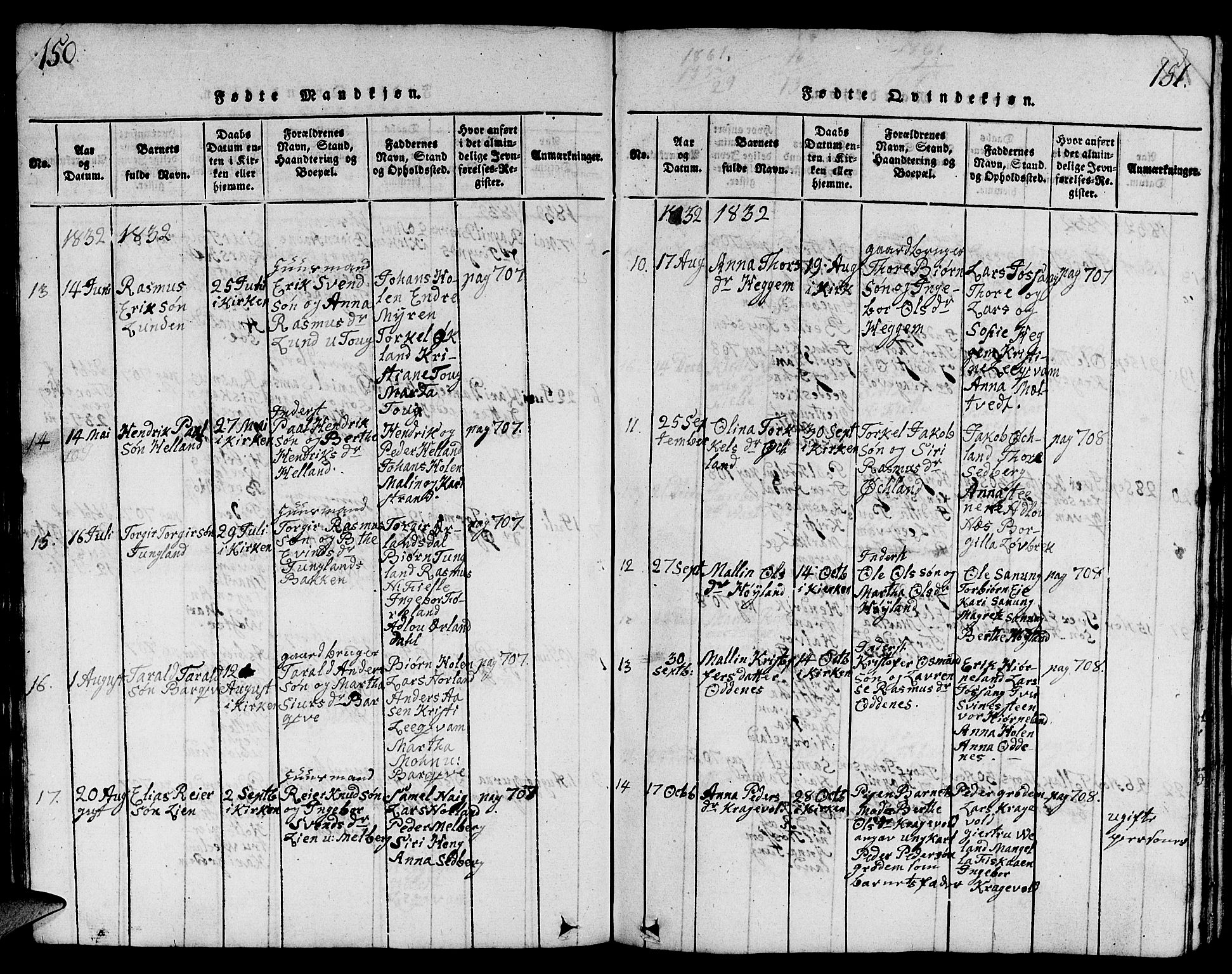 Strand sokneprestkontor, AV/SAST-A-101828/H/Ha/Hab/L0001: Parish register (copy) no. B 1, 1816-1854, p. 150-151