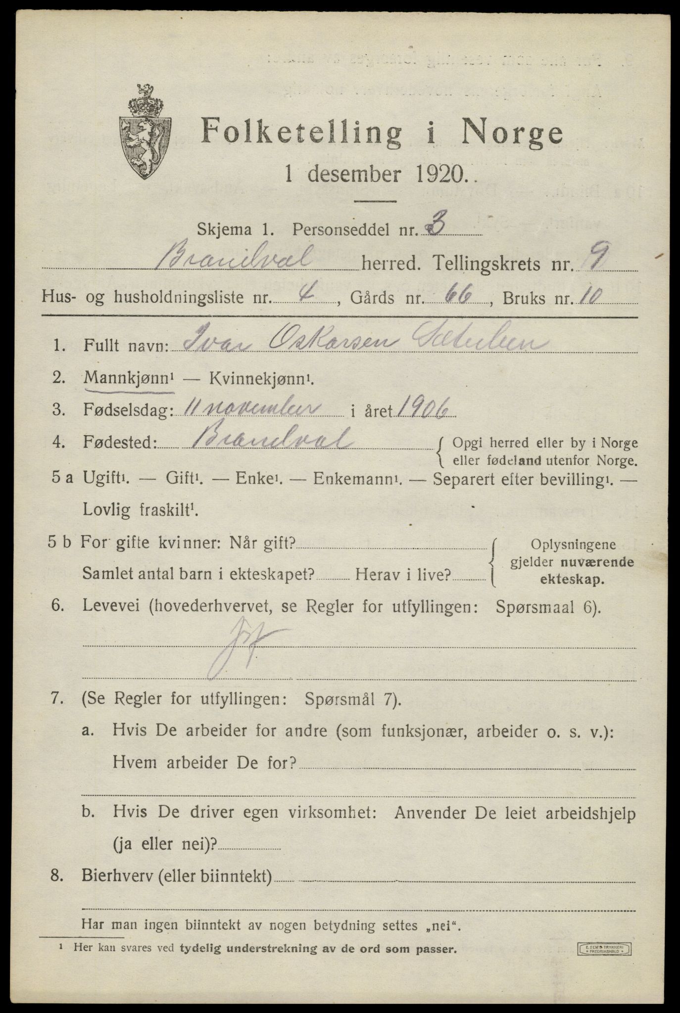 SAH, 1920 census for Brandval, 1920, p. 7322