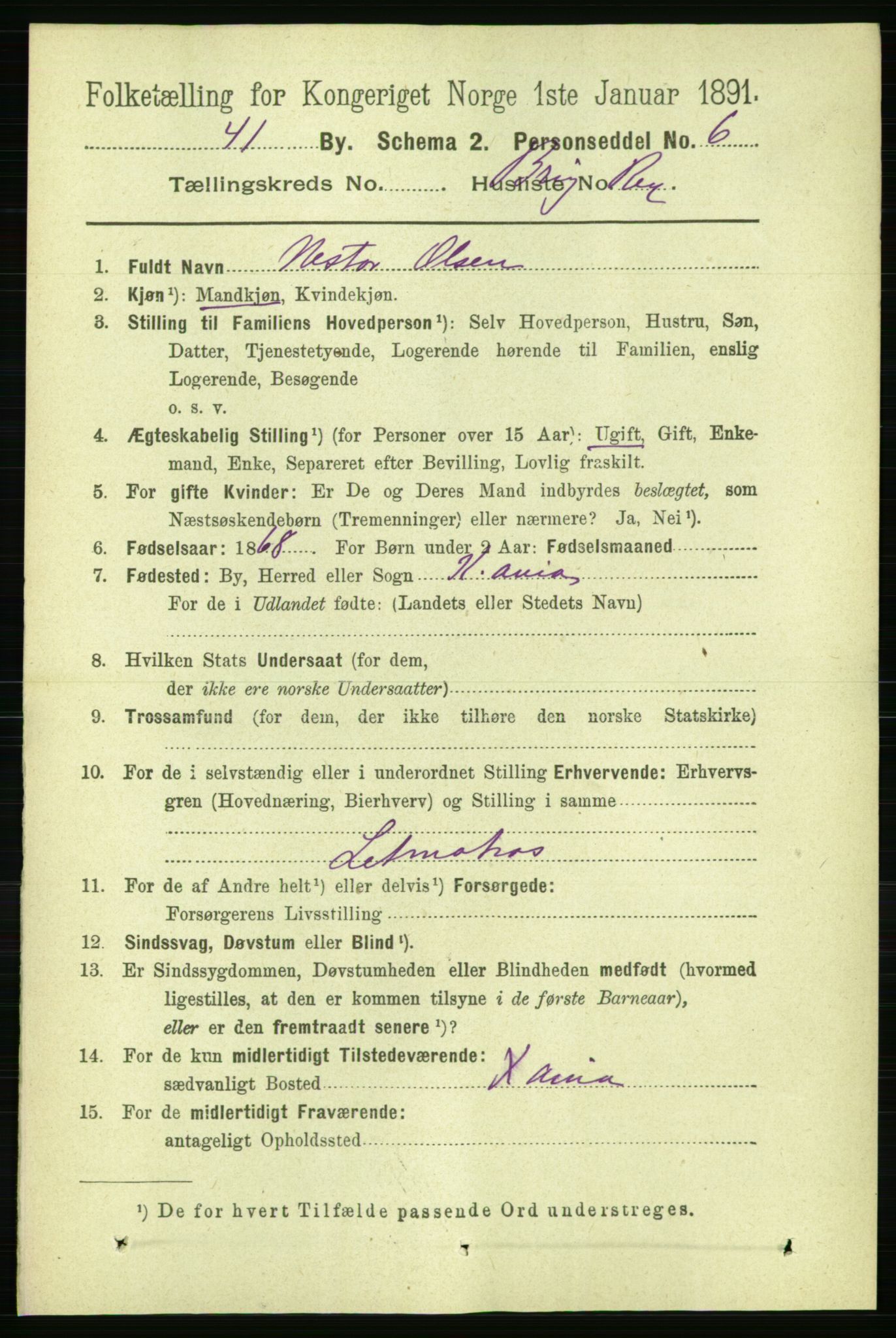 RA, 1891 census for 1101 Egersund, 1891, p. 3082