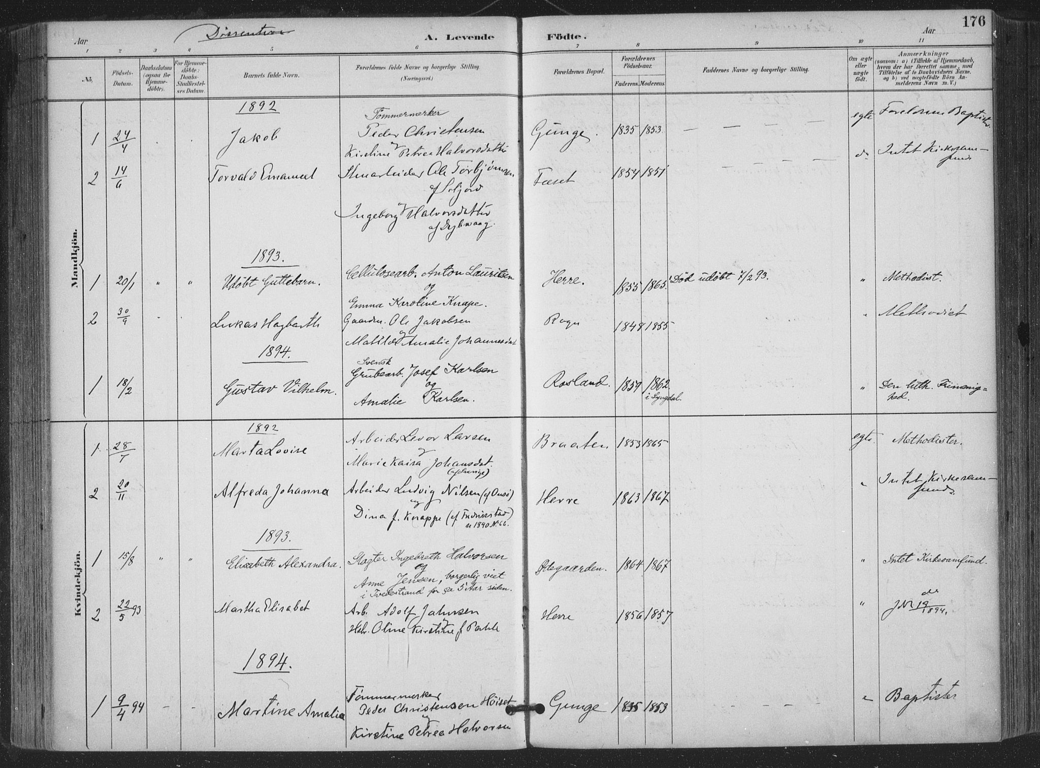 Bamble kirkebøker, AV/SAKO-A-253/F/Fa/L0008: Parish register (official) no. I 8, 1888-1900, p. 176