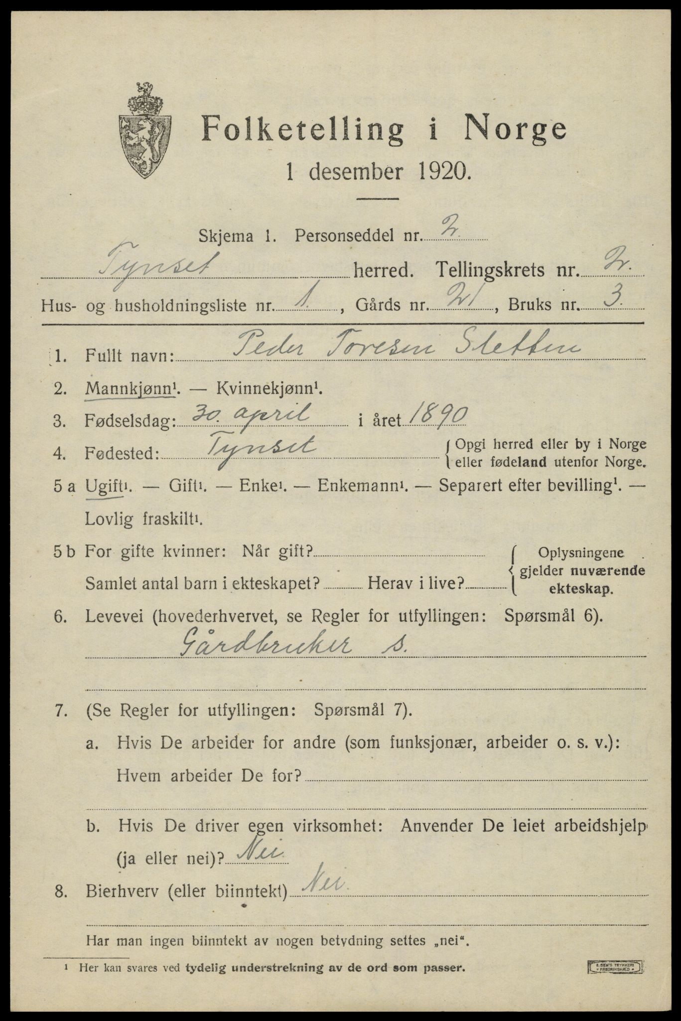 SAH, 1920 census for Tynset, 1920, p. 2276