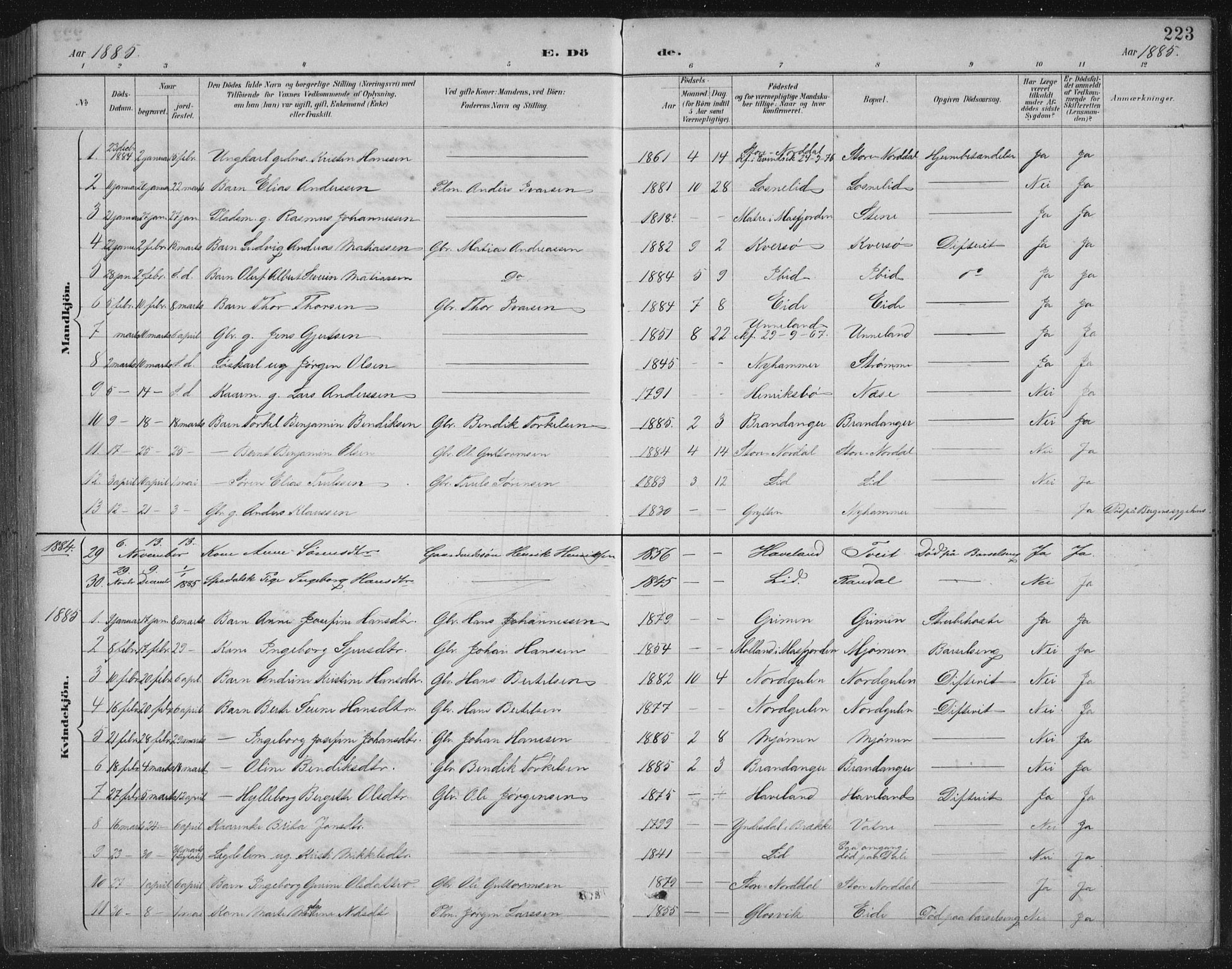 Gulen sokneprestembete, SAB/A-80201/H/Hab/Habb/L0003: Parish register (copy) no. B 3, 1884-1907, p. 223
