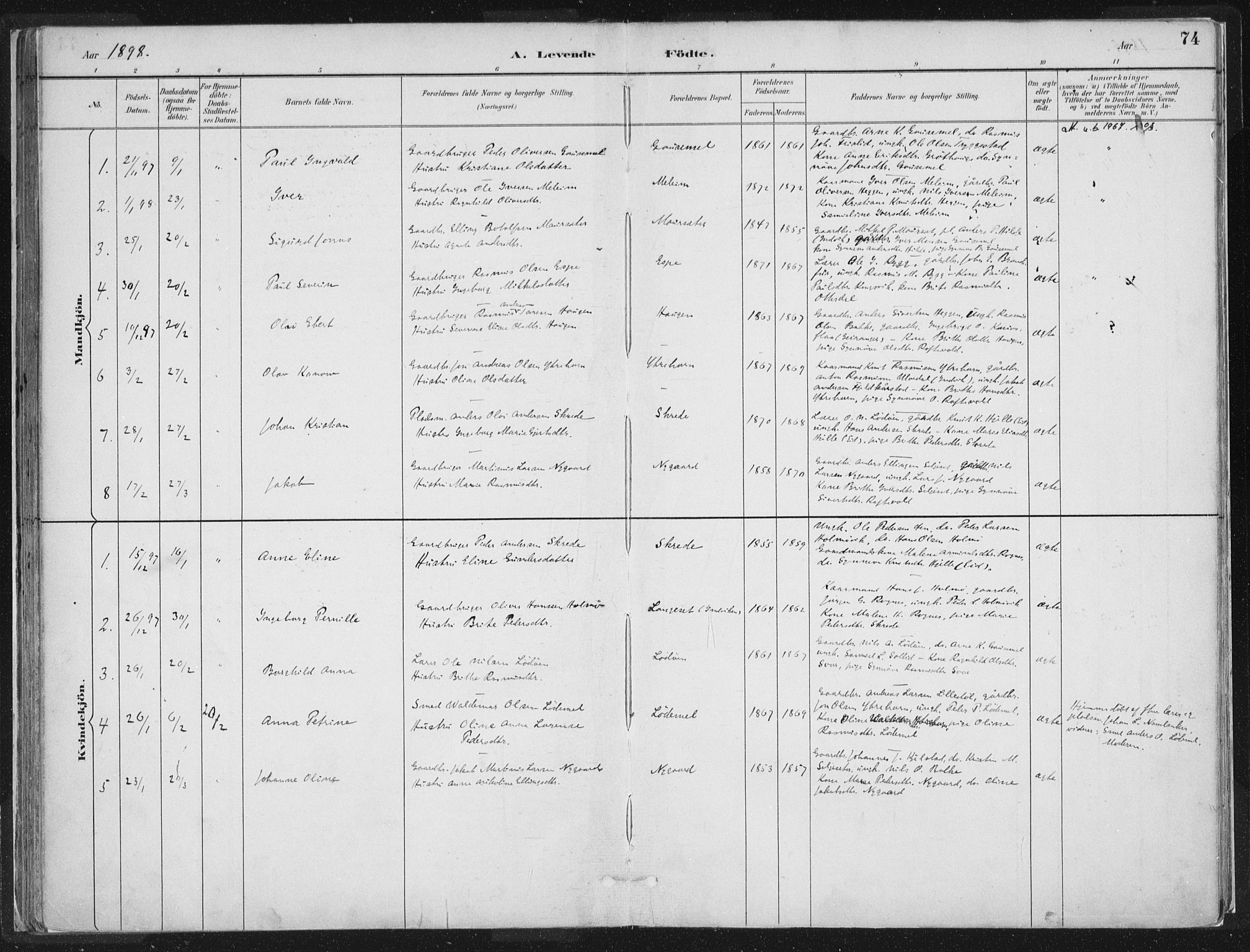Hornindal sokneprestembete, SAB/A-82401/H/Haa/Haaa/L0003/0001: Parish register (official) no. A 3A, 1887-1917, p. 74