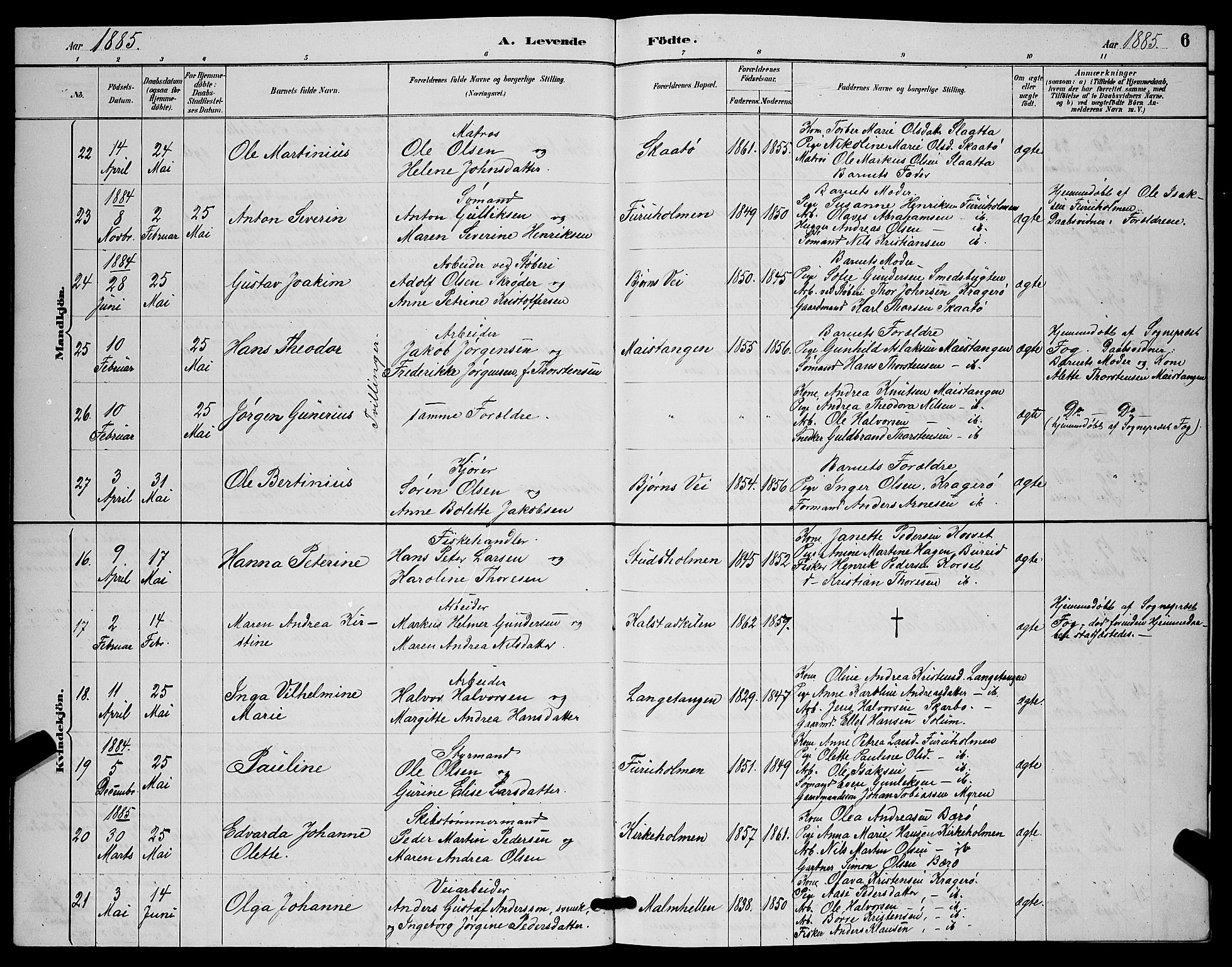 Skåtøy kirkebøker, AV/SAKO-A-304/G/Ga/L0003: Parish register (copy) no. I 3, 1884-1898, p. 6