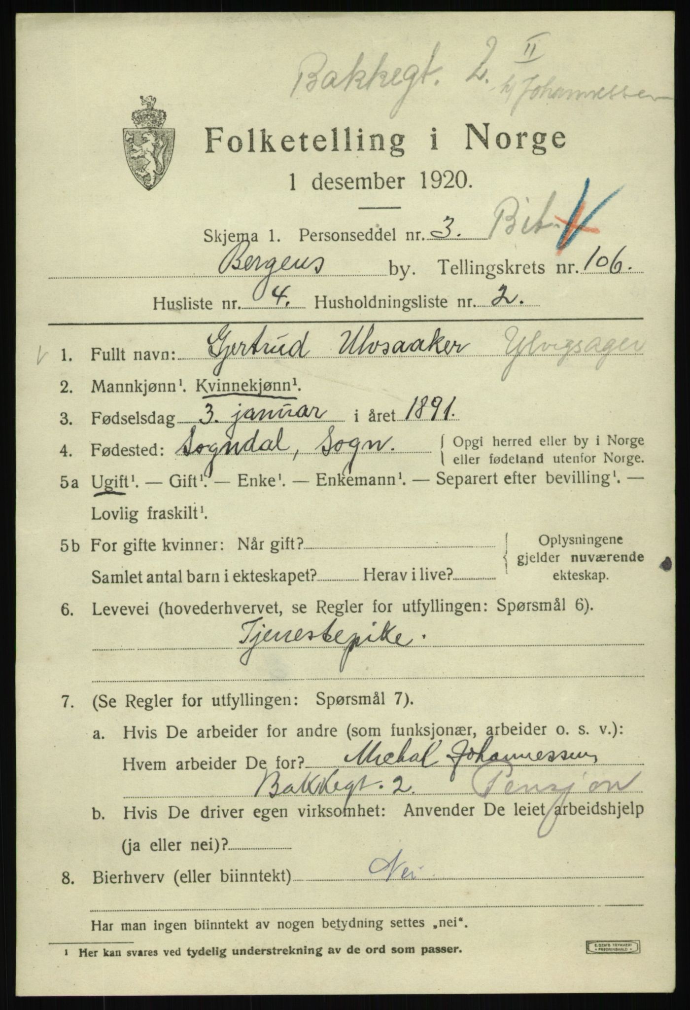 SAB, 1920 census for Bergen, 1920, p. 183728