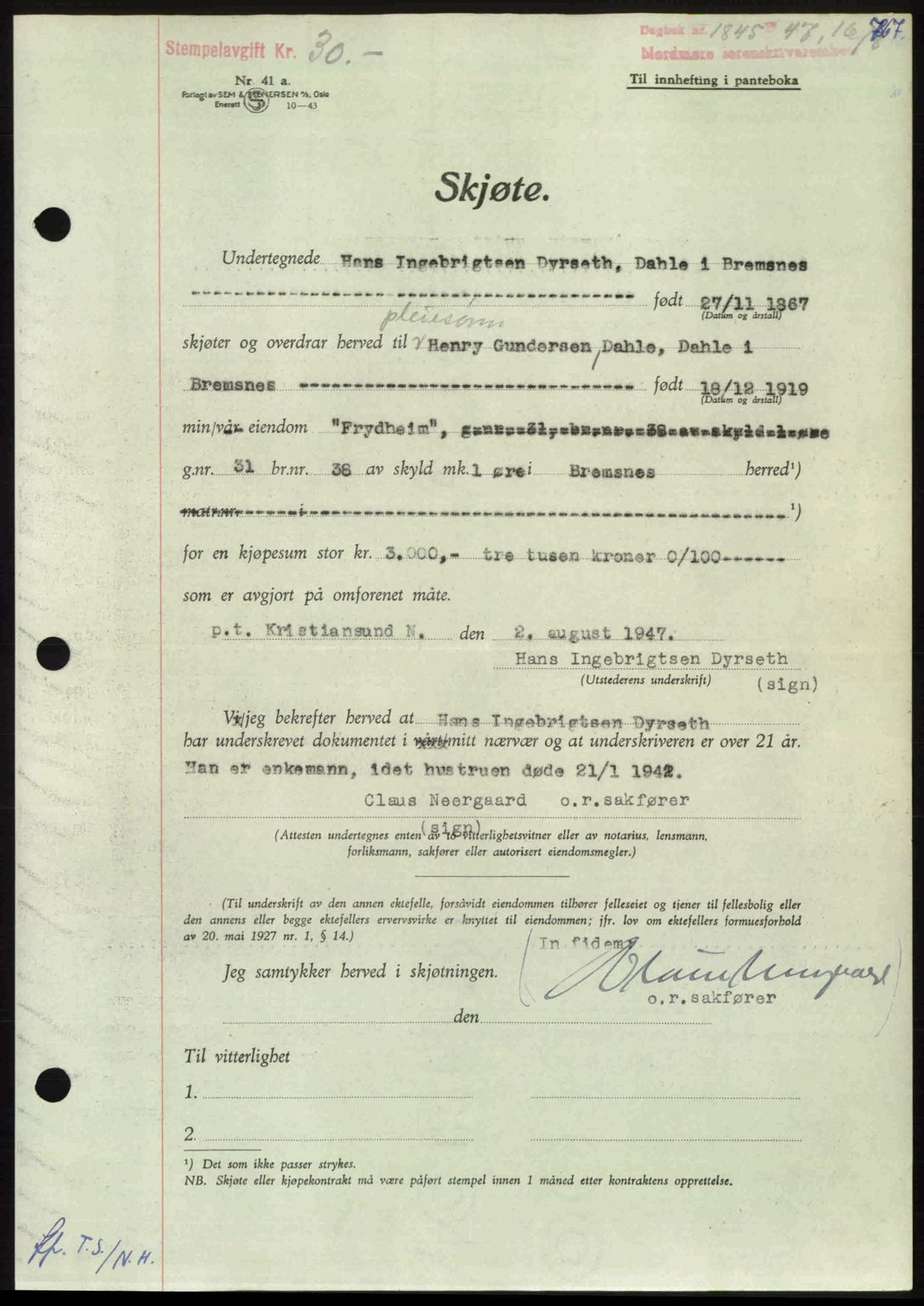 Nordmøre sorenskriveri, AV/SAT-A-4132/1/2/2Ca: Mortgage book no. A105, 1947-1947, Diary no: : 1845/1947