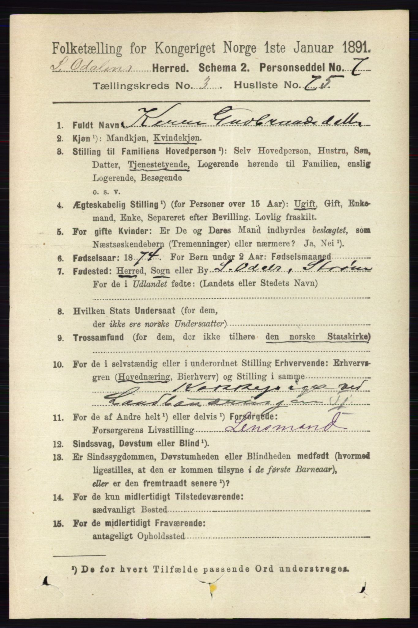 RA, 1891 census for 0419 Sør-Odal, 1891, p. 1647